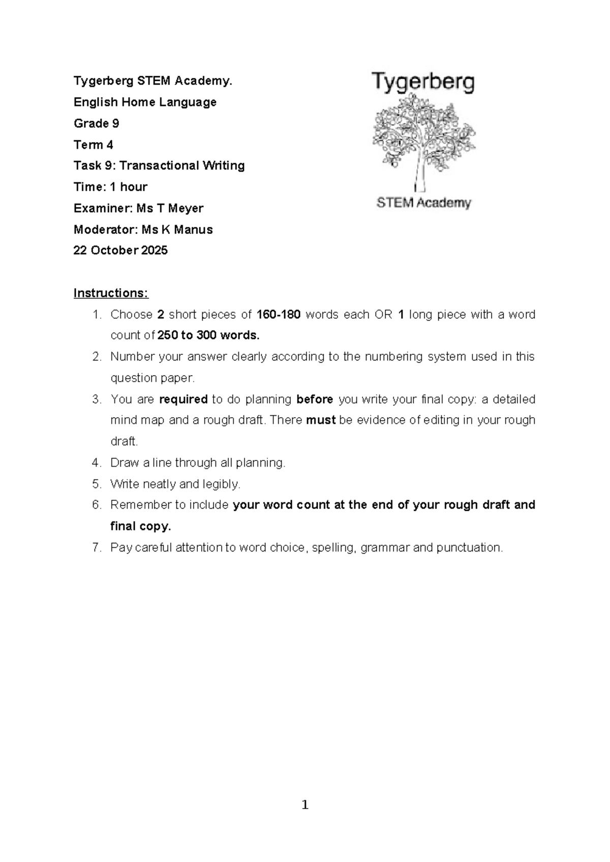 Grade 9 English HL Term 4 Task 9: Transactional Writing Guide - Studocu
