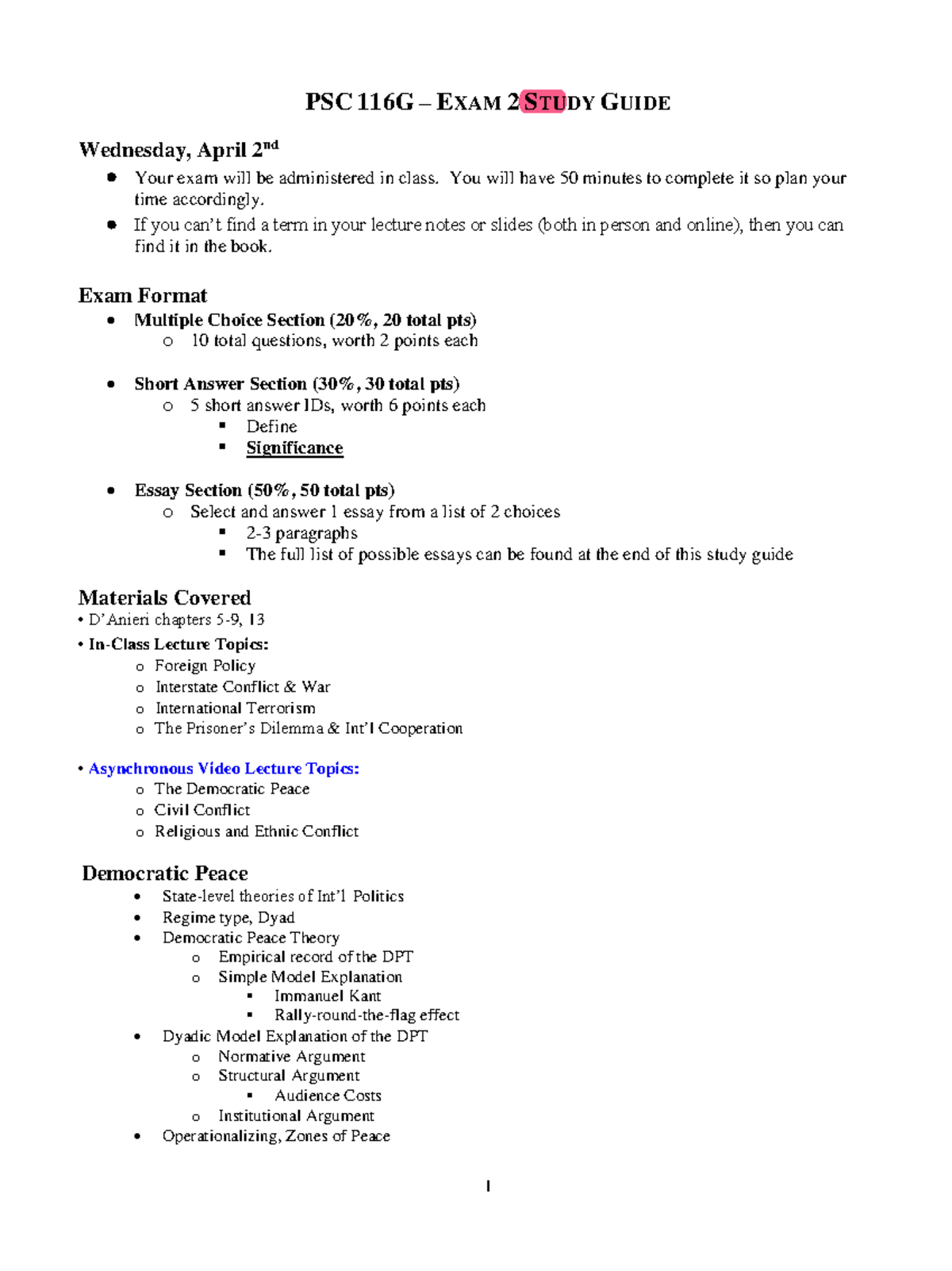Exam 2 Study Guide (2025) - PSC 116 G – EXAM 2 STUDY GUIDE Wednesday ...