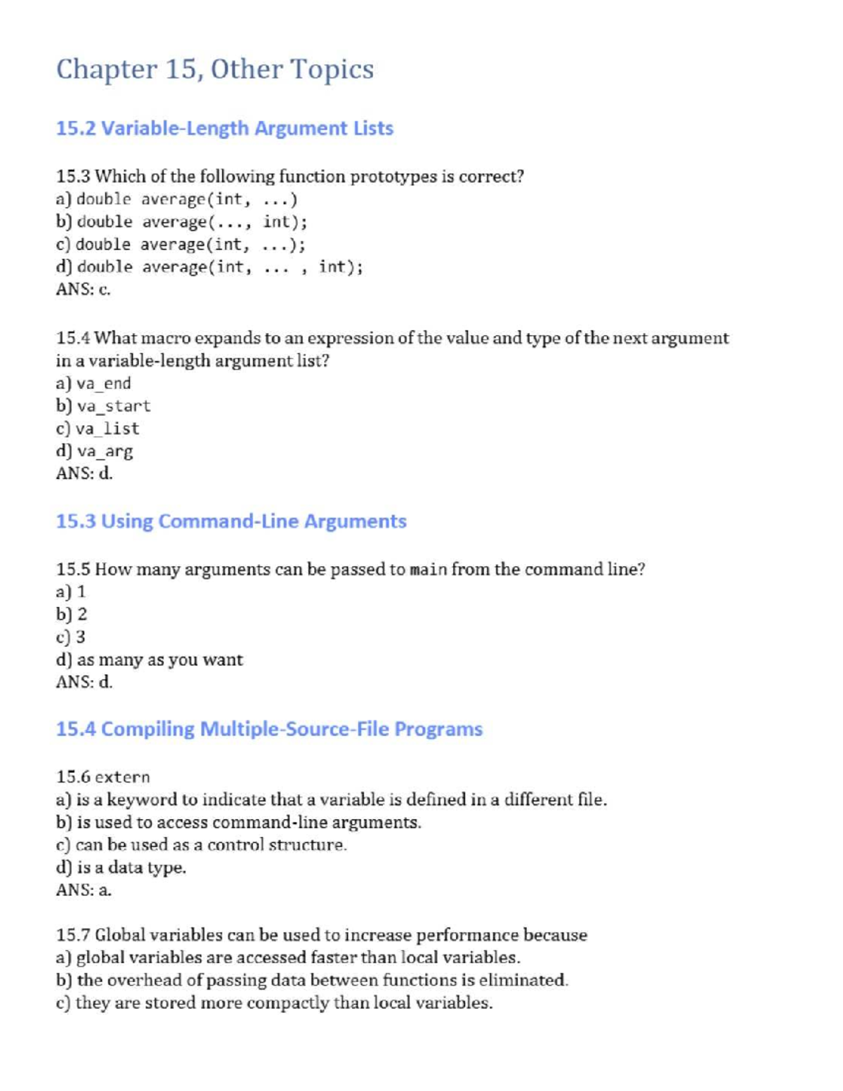 C Test Bank - Chapter 15: Argument Lists and Function Prototypes - Studocu