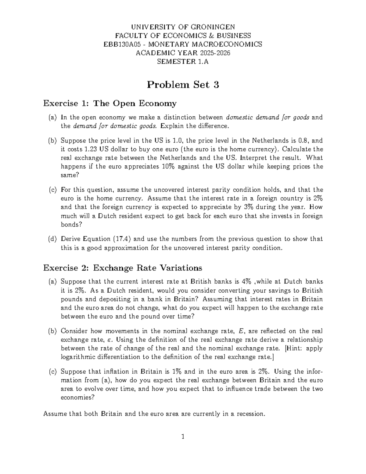 EBB130A05 Monetary Macroeconomics Problem Set 3: Open Economy Analysis ...