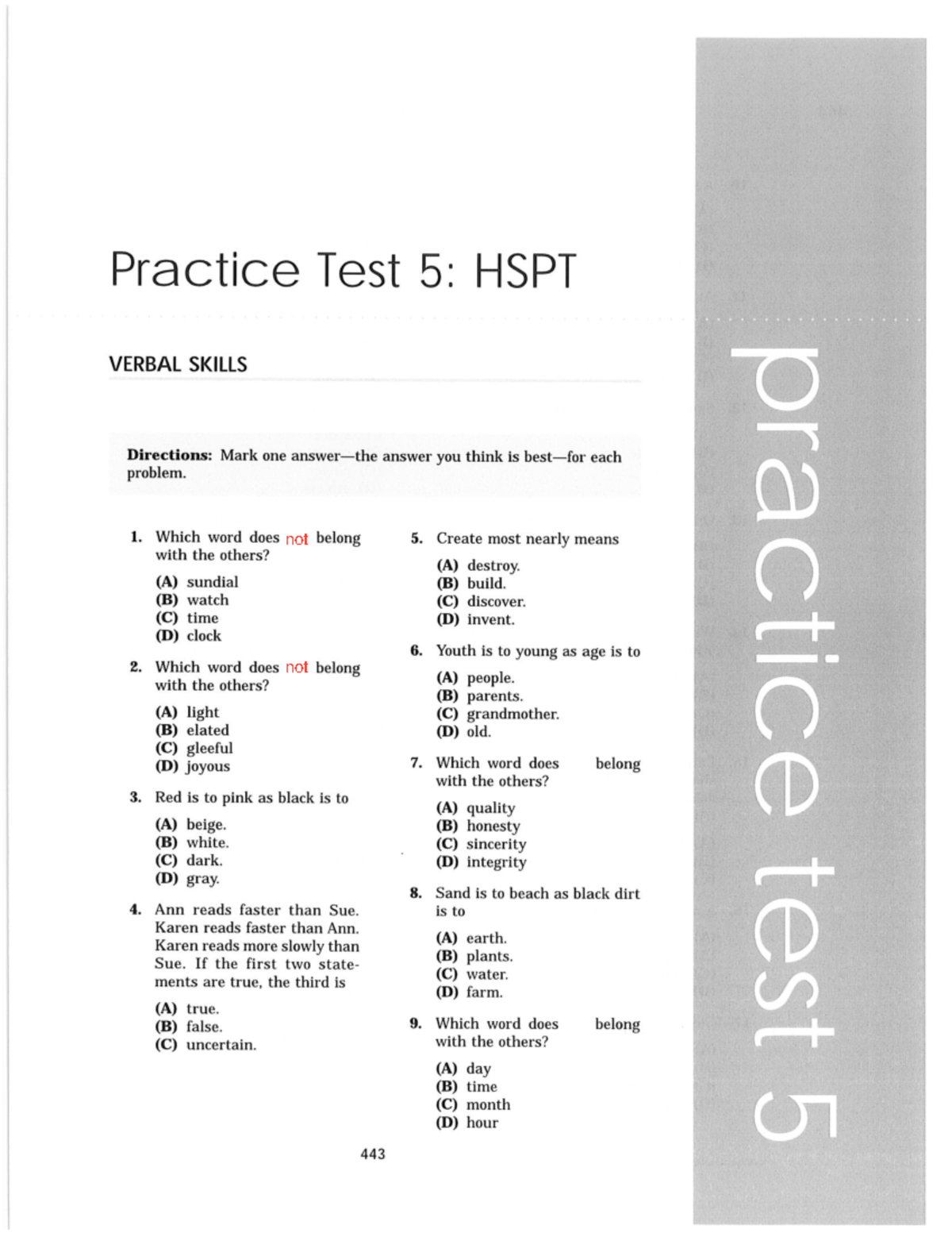 Practice Test 5: HSPT Verbal & Quantitative Skills - Studocu
