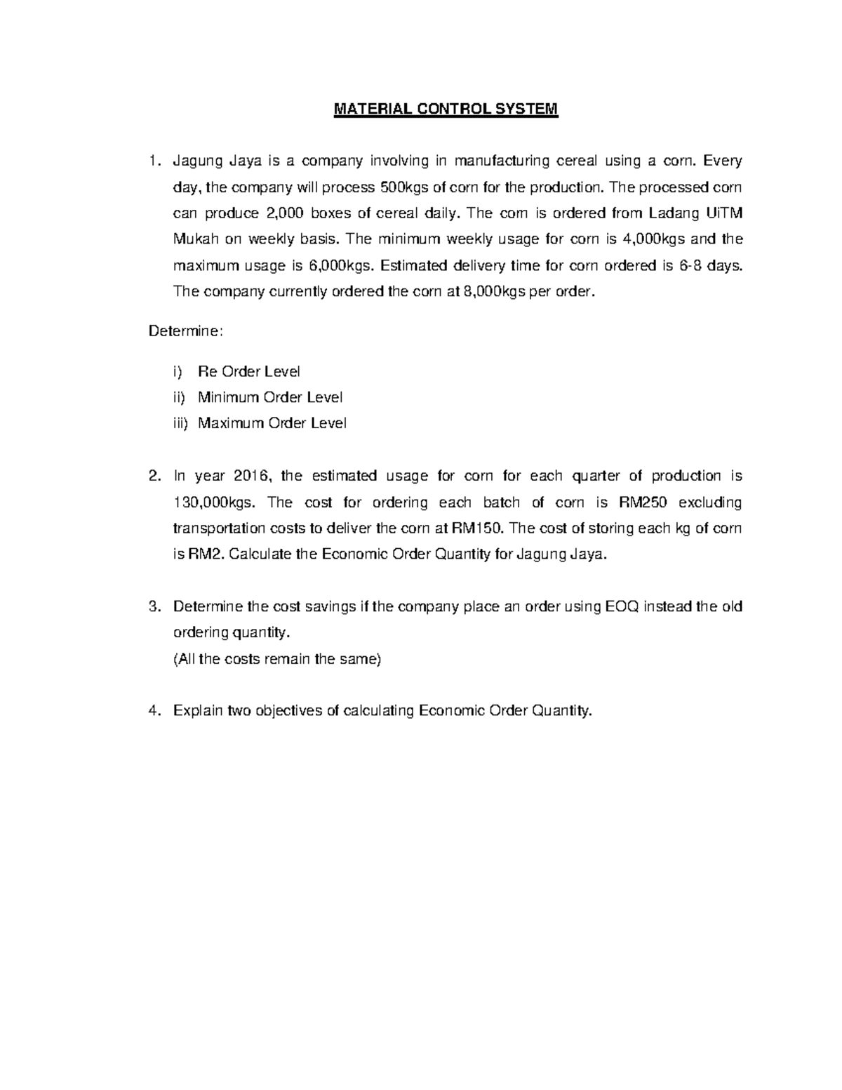 MATERIAL CONTROL SYSTEM - acc116: Jagung Jaya Economic Order Quantity ...
