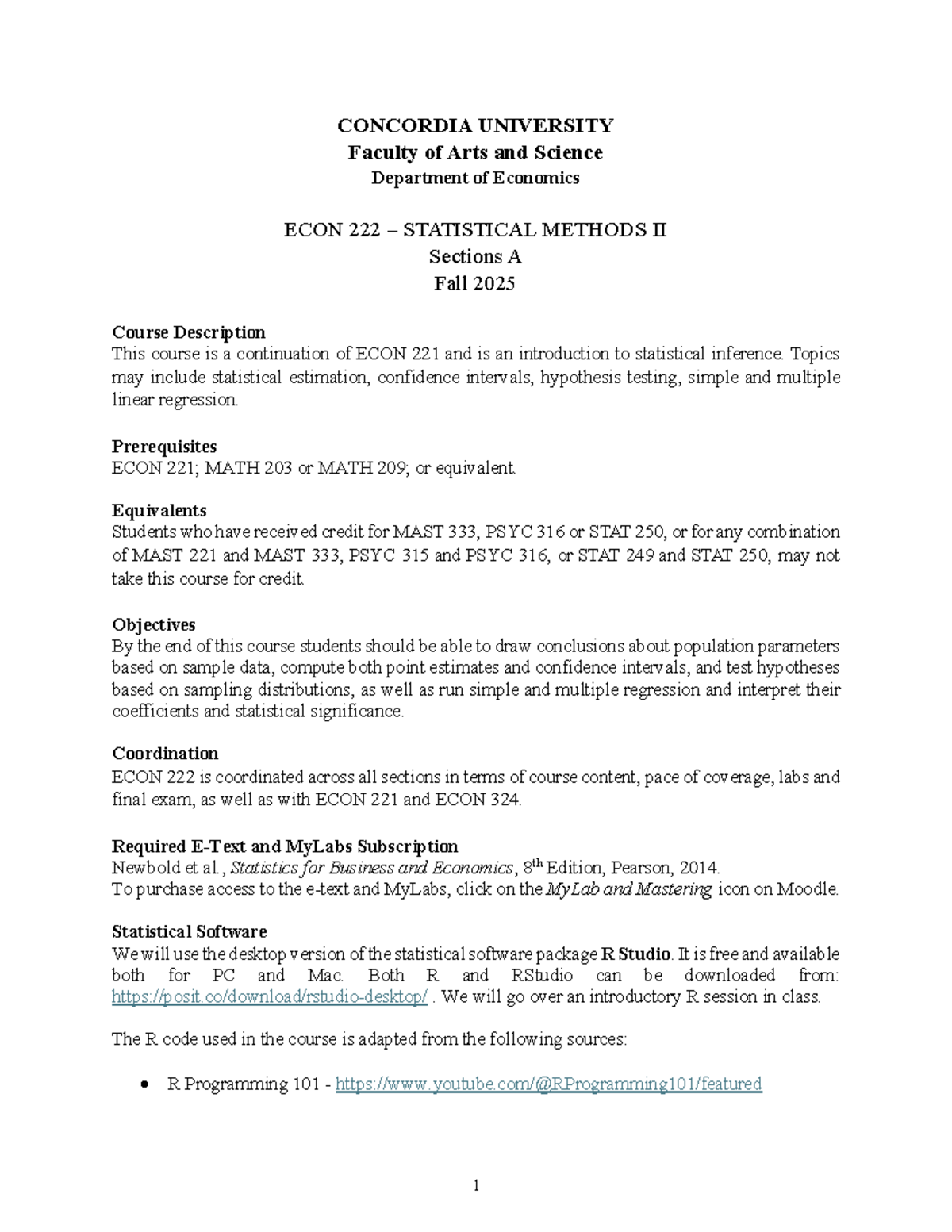 ECON 222 Course Outline: Statistical Methods II - Fall 2025 - Studocu