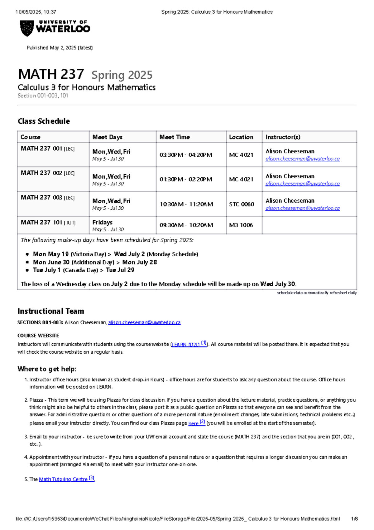 MATH 237 Spring 2025: Outline for Calculus 3 for Honours Mathematics ...