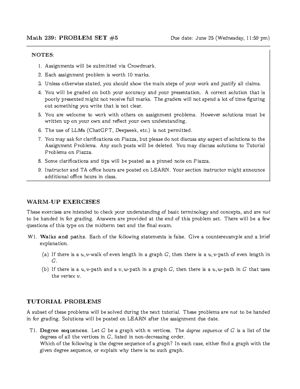 Math 239: Problem Set 5 - Practice Exercises and Guidelines - Studocu