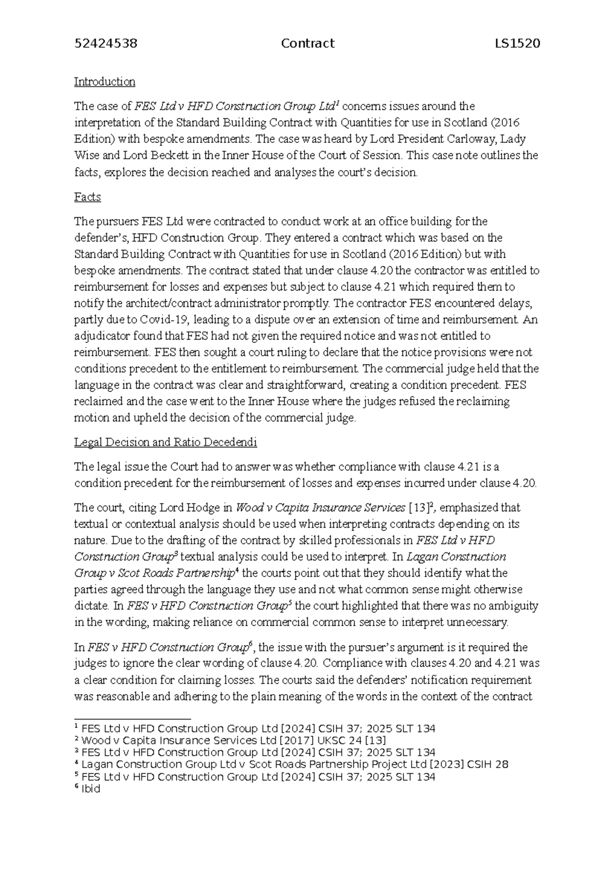 Contract Case Note: FES Ltd v HFD Construction Group Ltd (LS1520) - Studocu