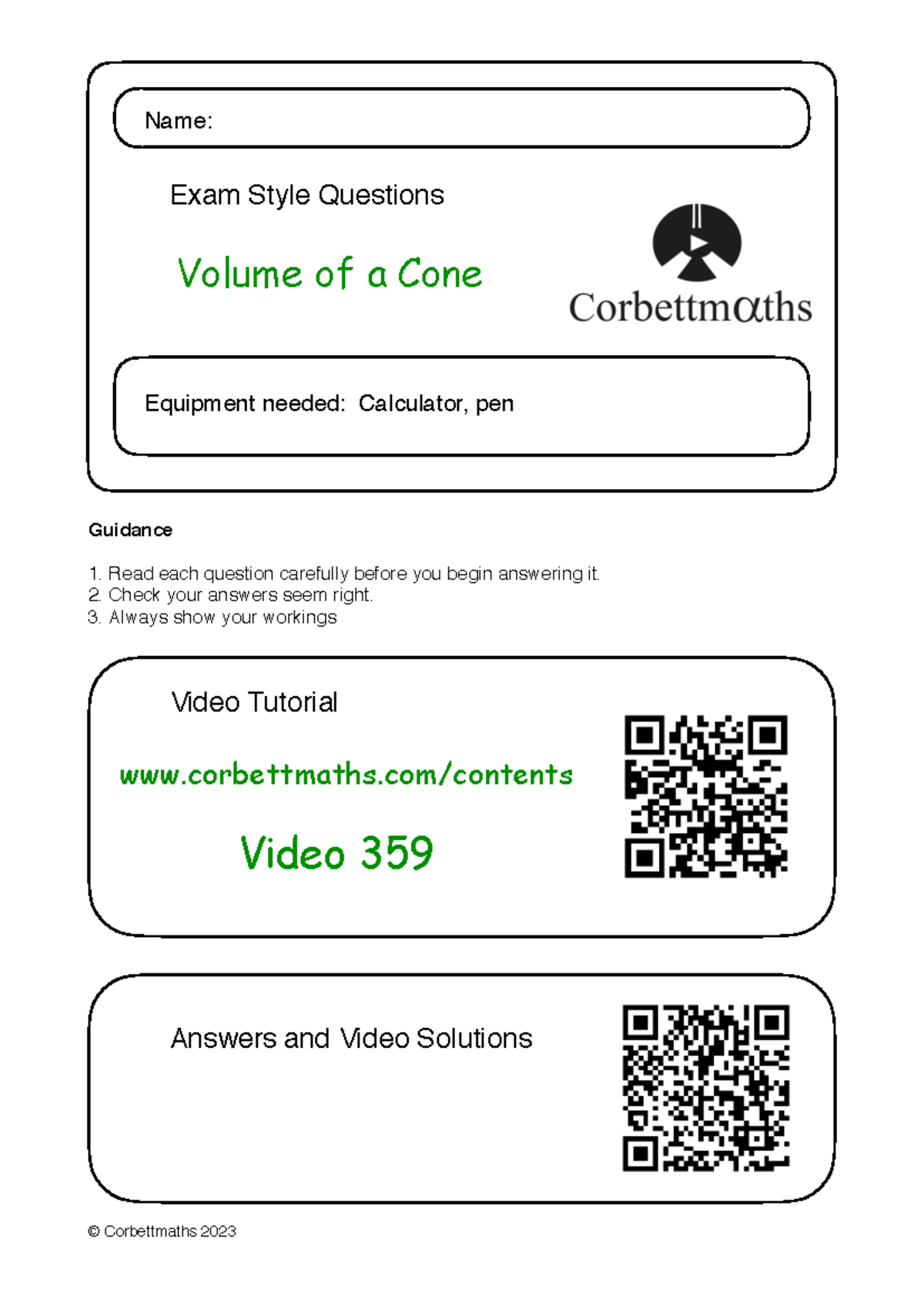 Volume of a Cone - Exam Style Questions and Solutions - Studocu