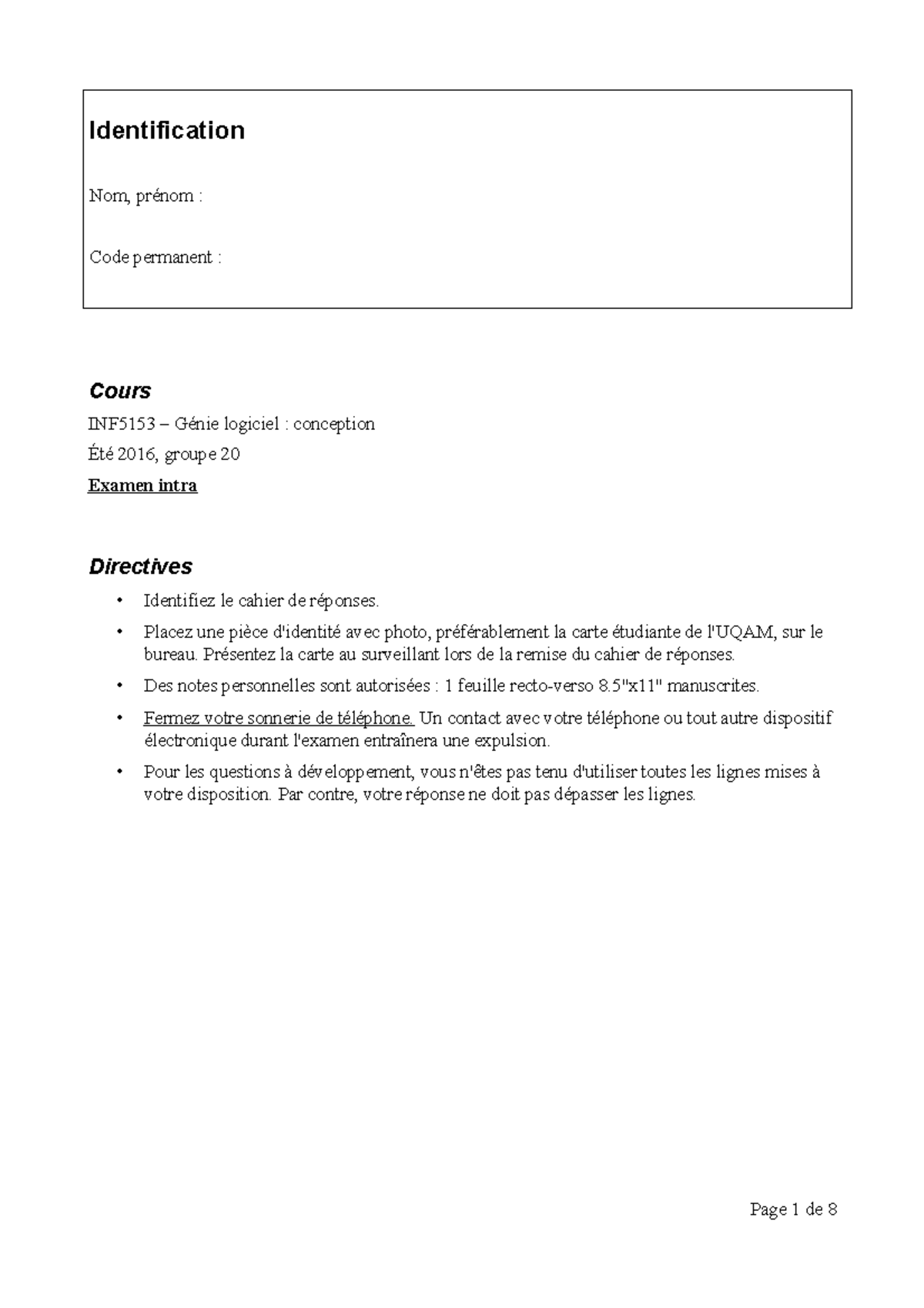 INF5153-2016 Examen Intra: Conception Logicielle Été 2016 - Document Preview