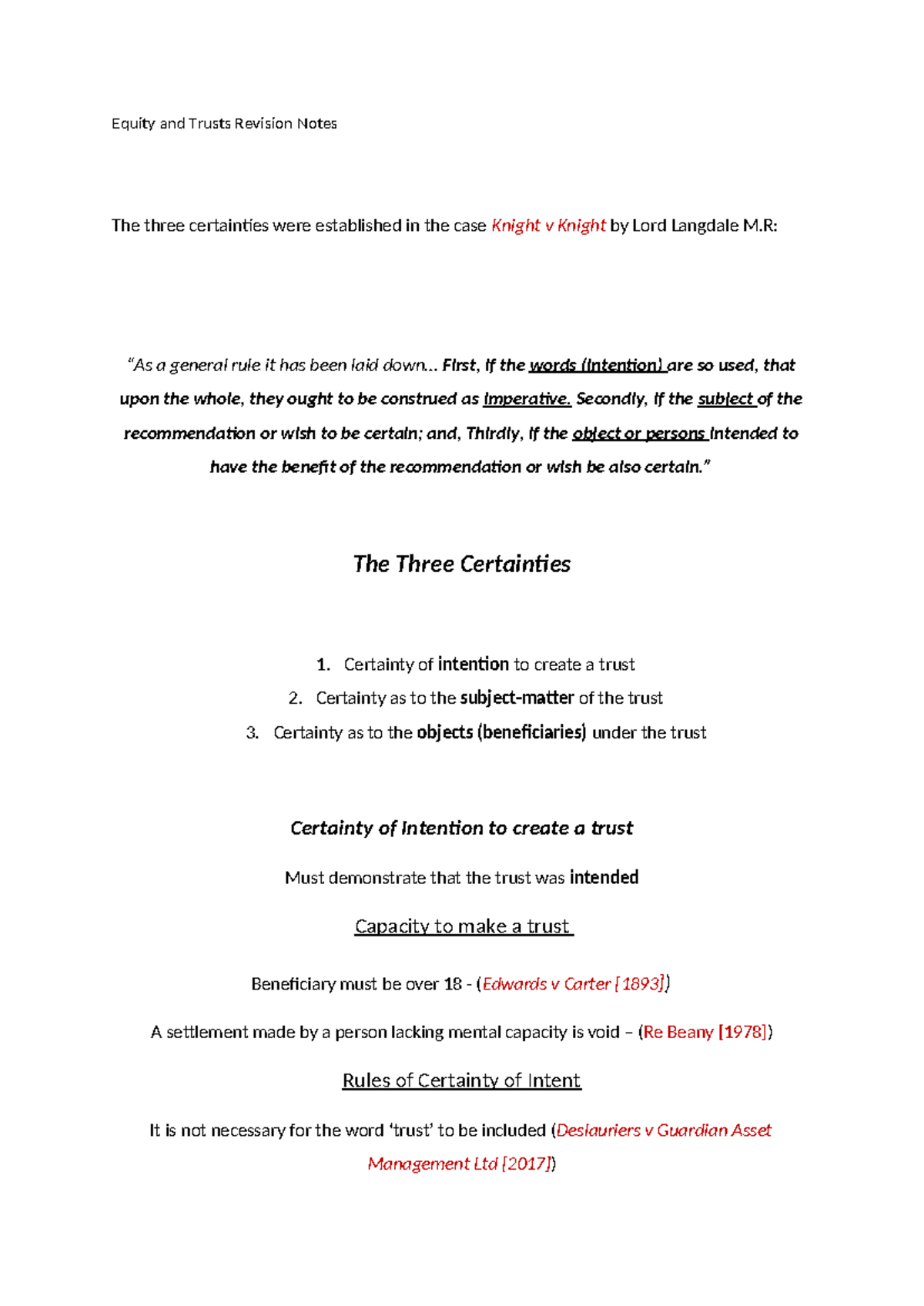 The Three Certainties - Equity and Trusts Revision Notes The three ...