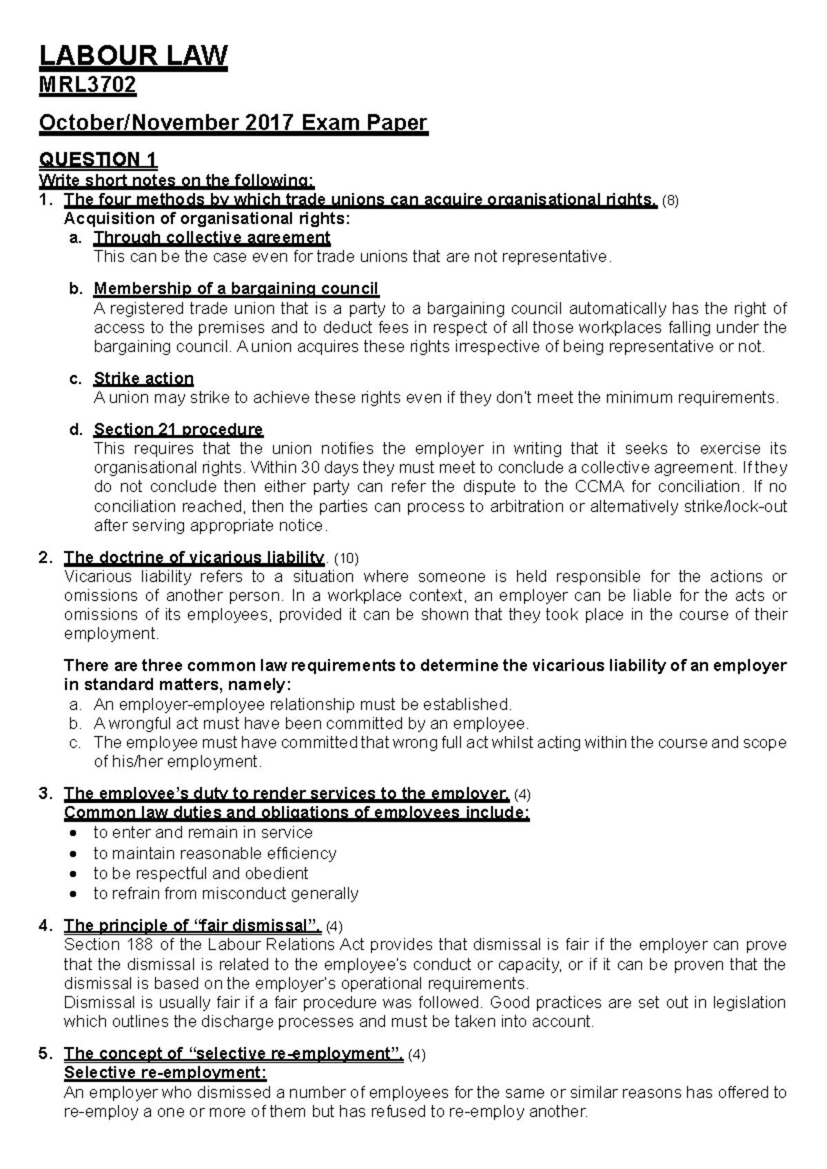 **MRL 3702 - Summary of Key Labour Law Concepts for 2024 Exam Prep ...