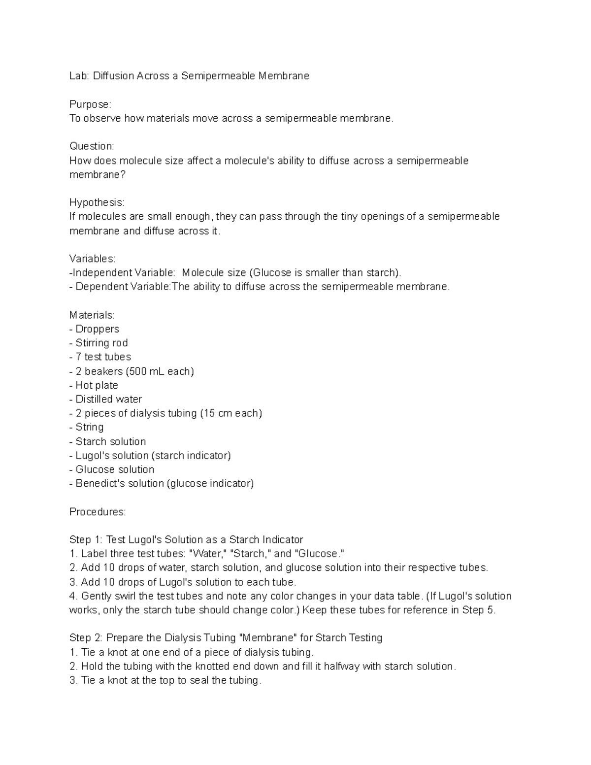 Lab Report: Diffusion Across a Semi-permeable Membrane - Biol 101 - Studocu