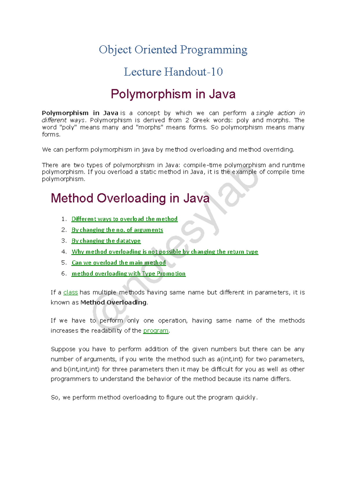 Obj 10 - Polymorphism & Method Overloading in Java - Studocu