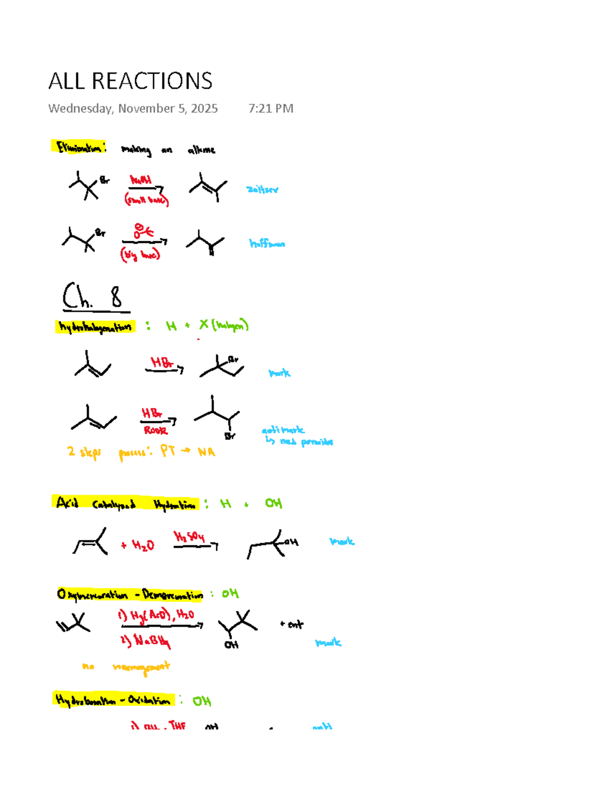 Ch. 8: Comprehensive Guide to All Reactions in Organic Chemistry