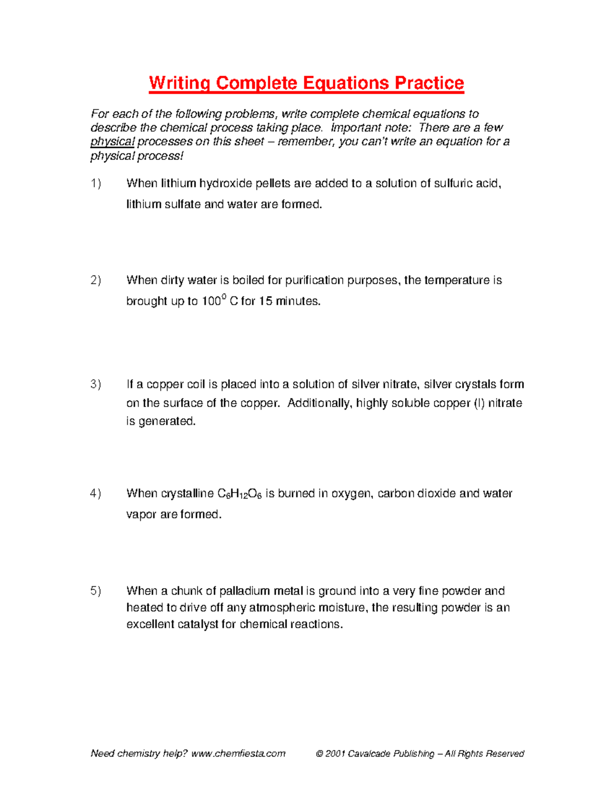 W - Chem 101: Complete Equations Practice & Solutions - Studocu