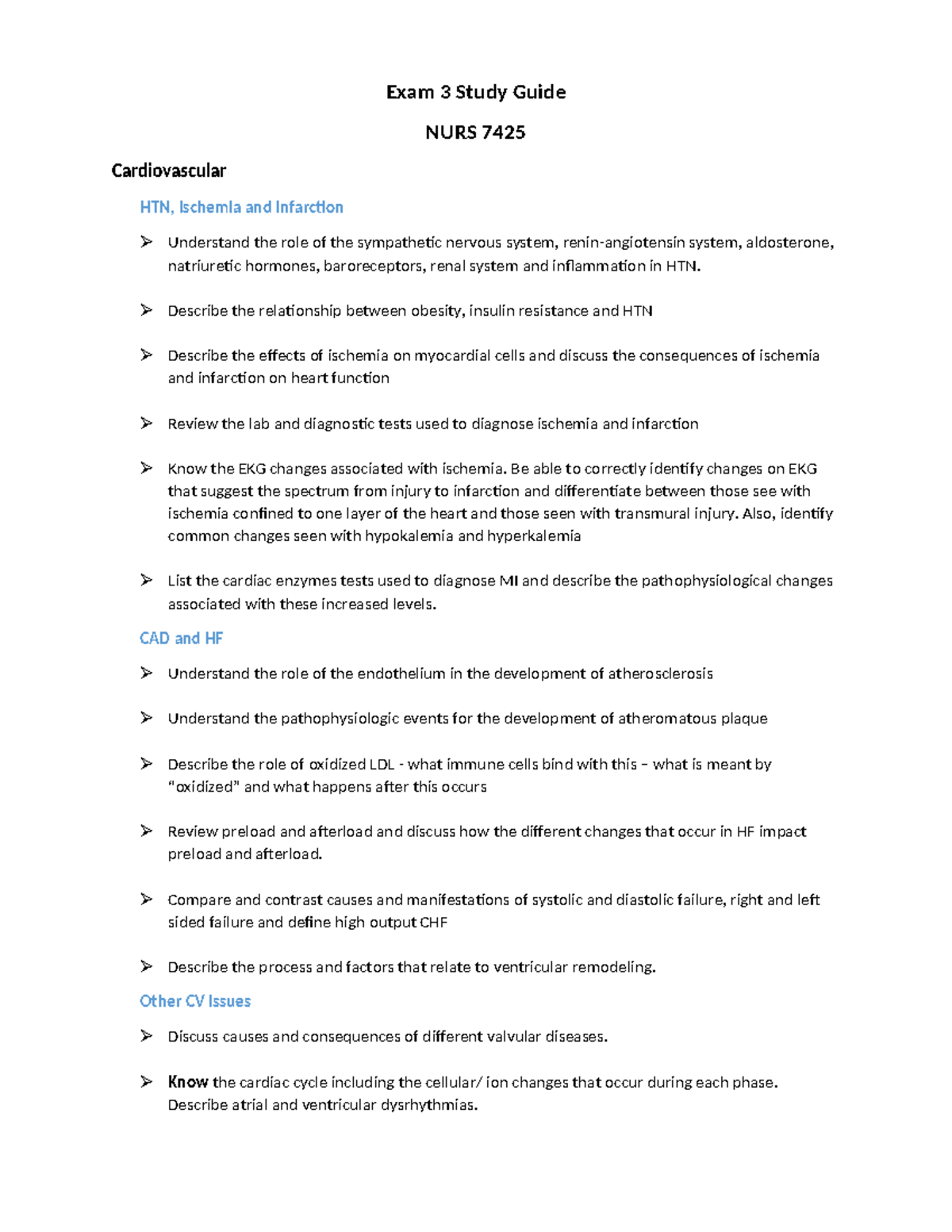 Exam 3 Study Guide NURS 7425: Cardiovascular, Hematology & Pulmonary ...