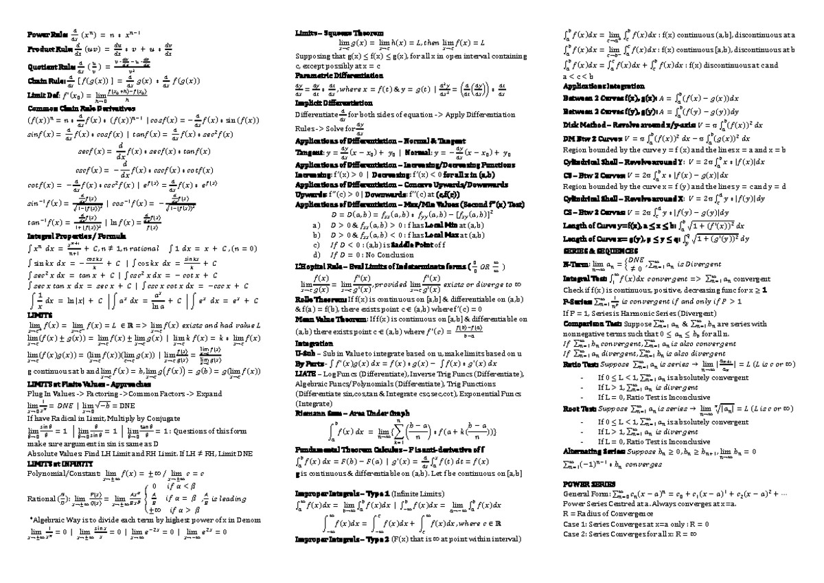 MA1521 Cheatsheet: Summary of Calculus Concepts and Theorems - Studocu