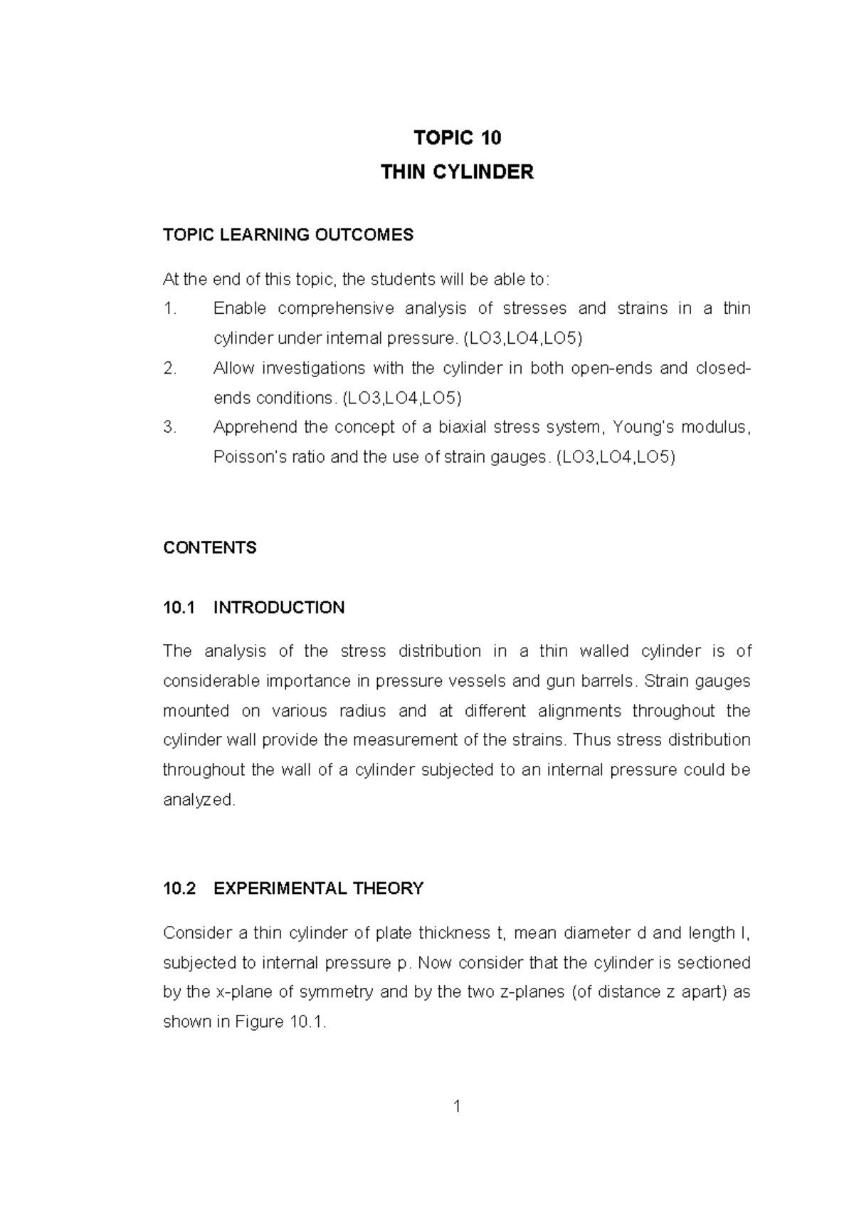 Solid Mechanics 1: Thin Cylinder Analysis and Learning Outcomes - Studocu