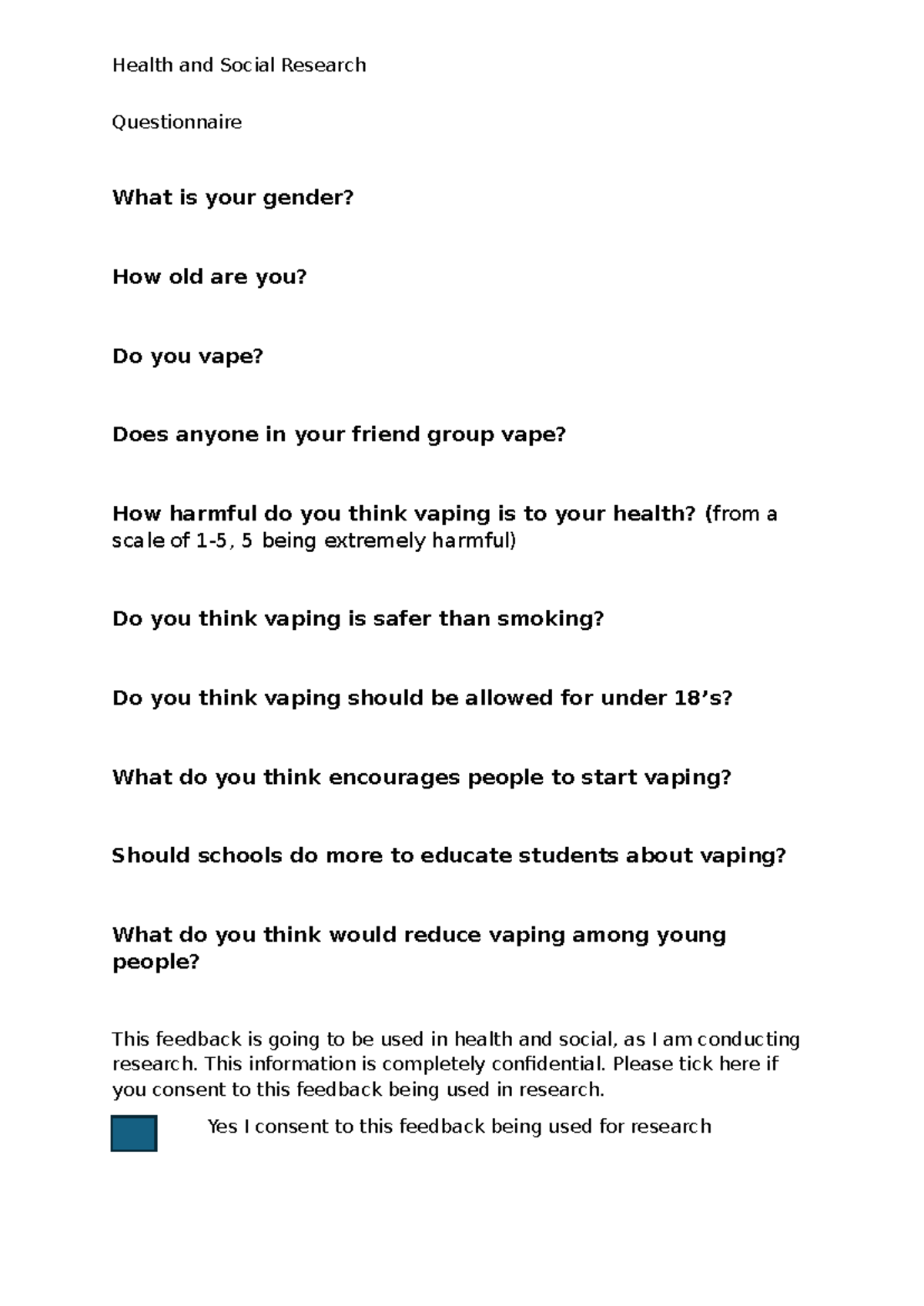 Health and Social Research Questionnaire on Vaping Attitudes - Studocu