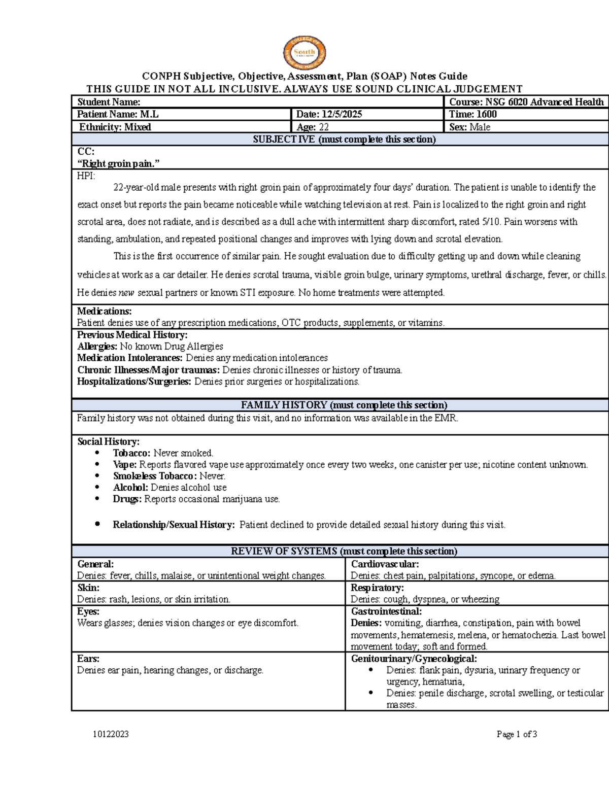 NSG 6020 Advanced Health SOAP Notes Guide: Subjective & Objective ...