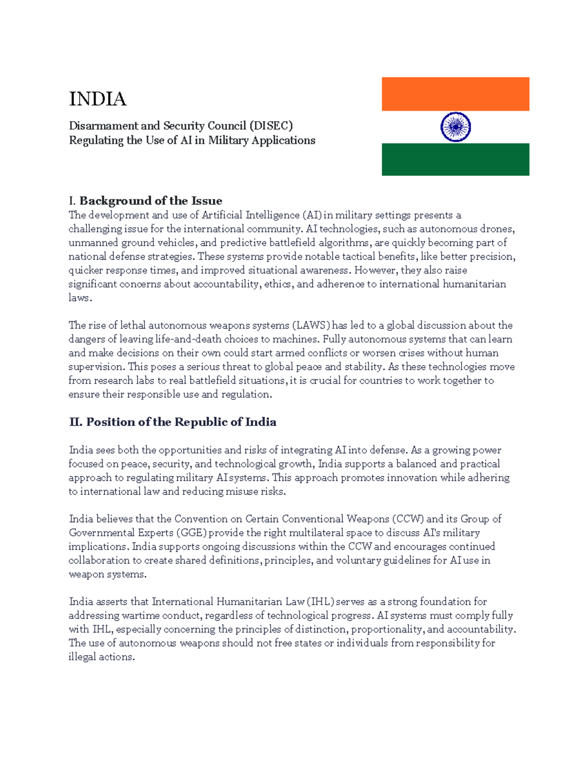 Position Paper on AI in Military Applications - DISEC MUN - Studocu