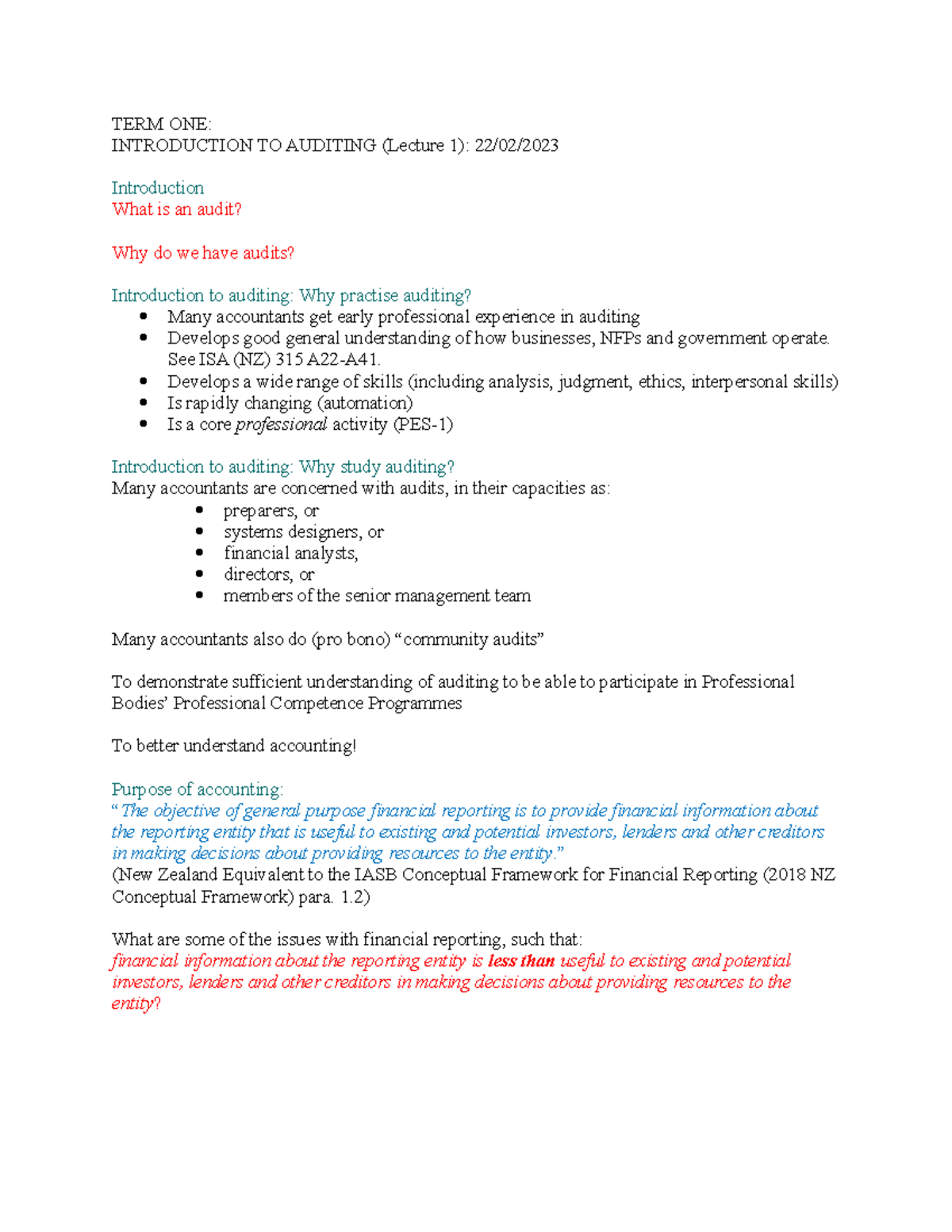 ACCT346 lecture notes - TERM ONE: INTRODUCTION TO AUDITING (Lecture 1 ...