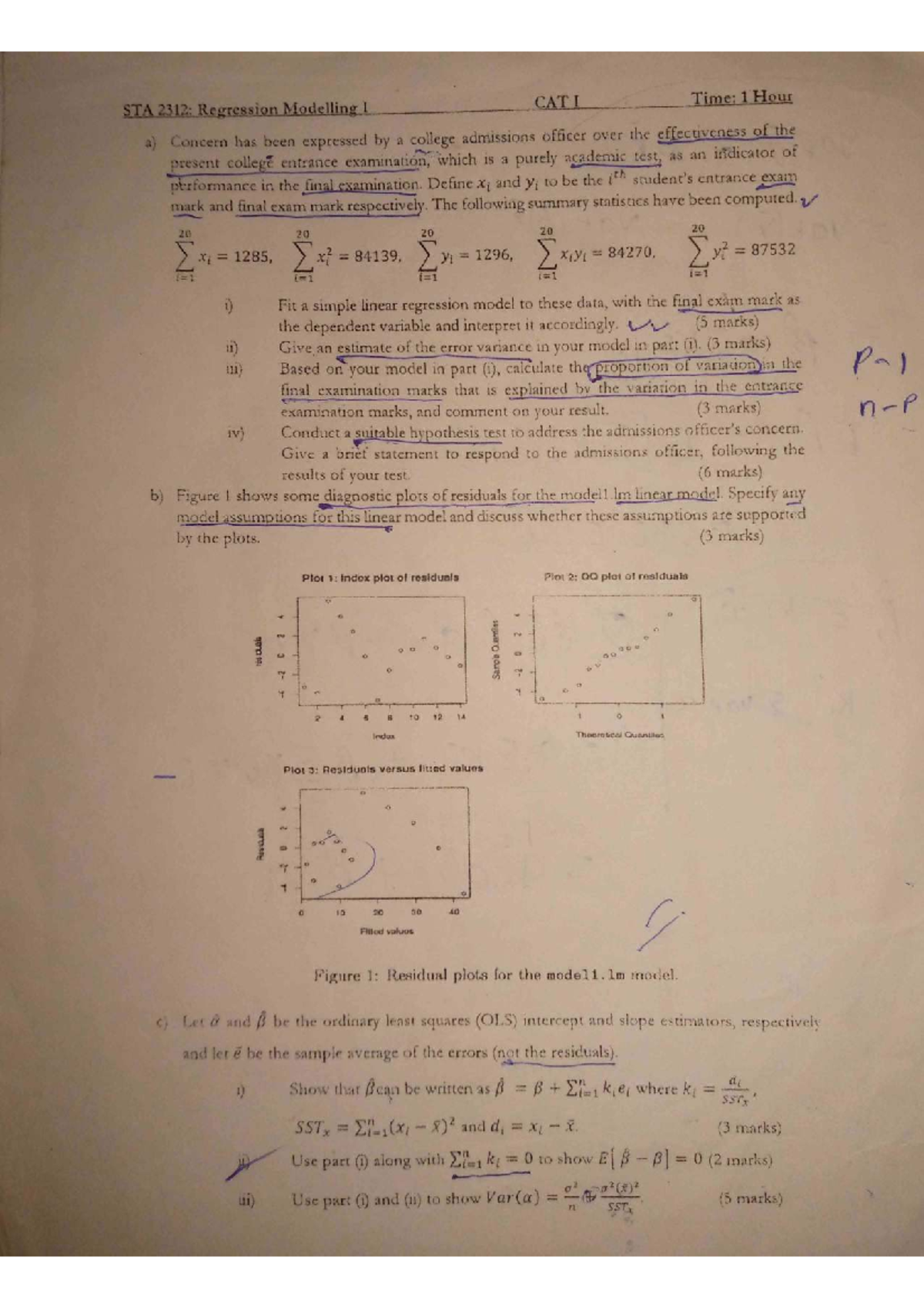 STA 2312: Regression Modelling I CAT I Exam Analysis and Results - Studocu