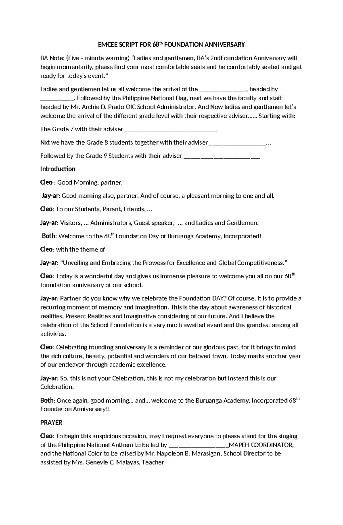 Buruanga Academy Opening Program Emcee Script 2025 - Studocu