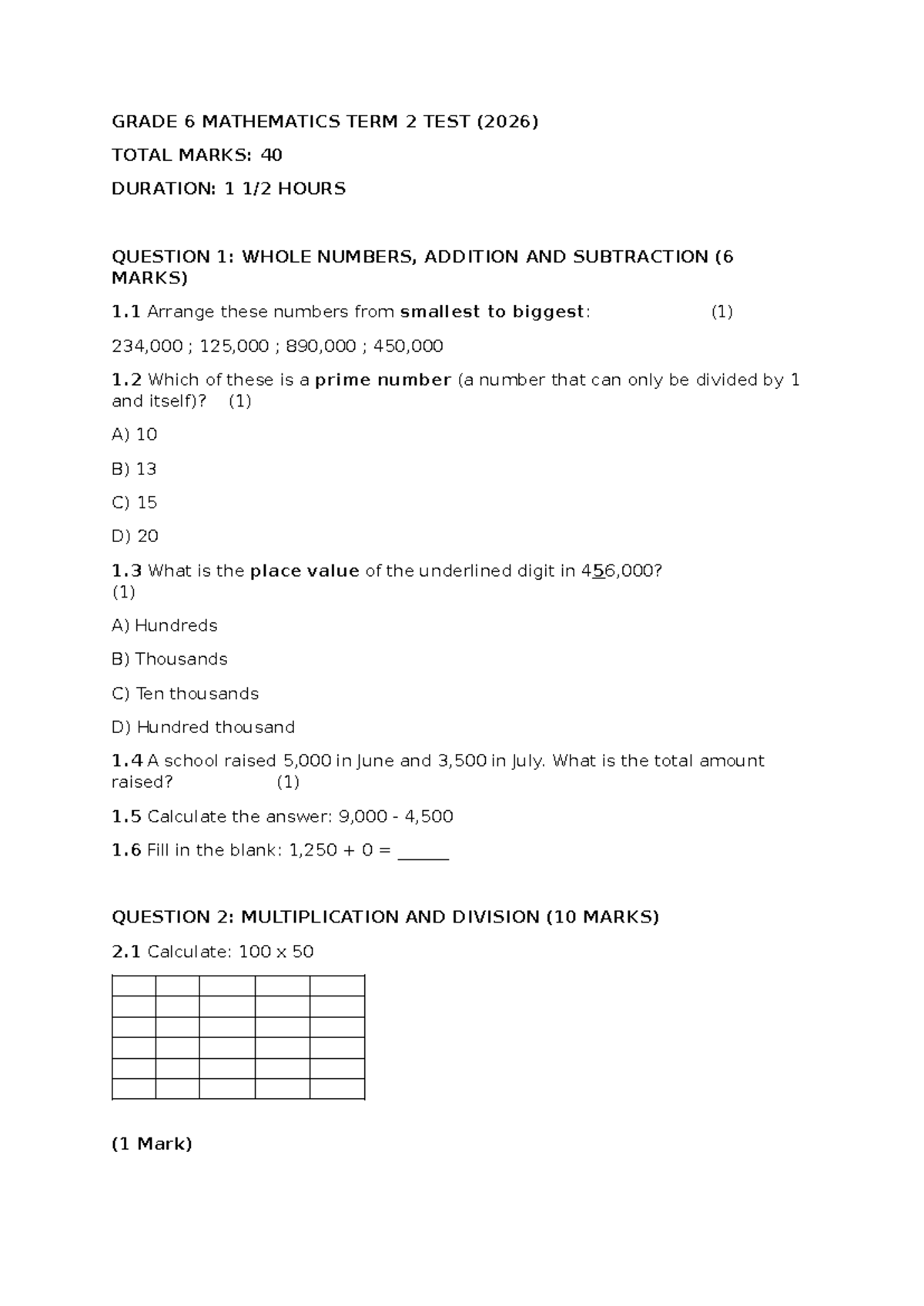 Grade 6 Mathematics Term 2 Test (2026) - Total Marks: 40 - Studocu