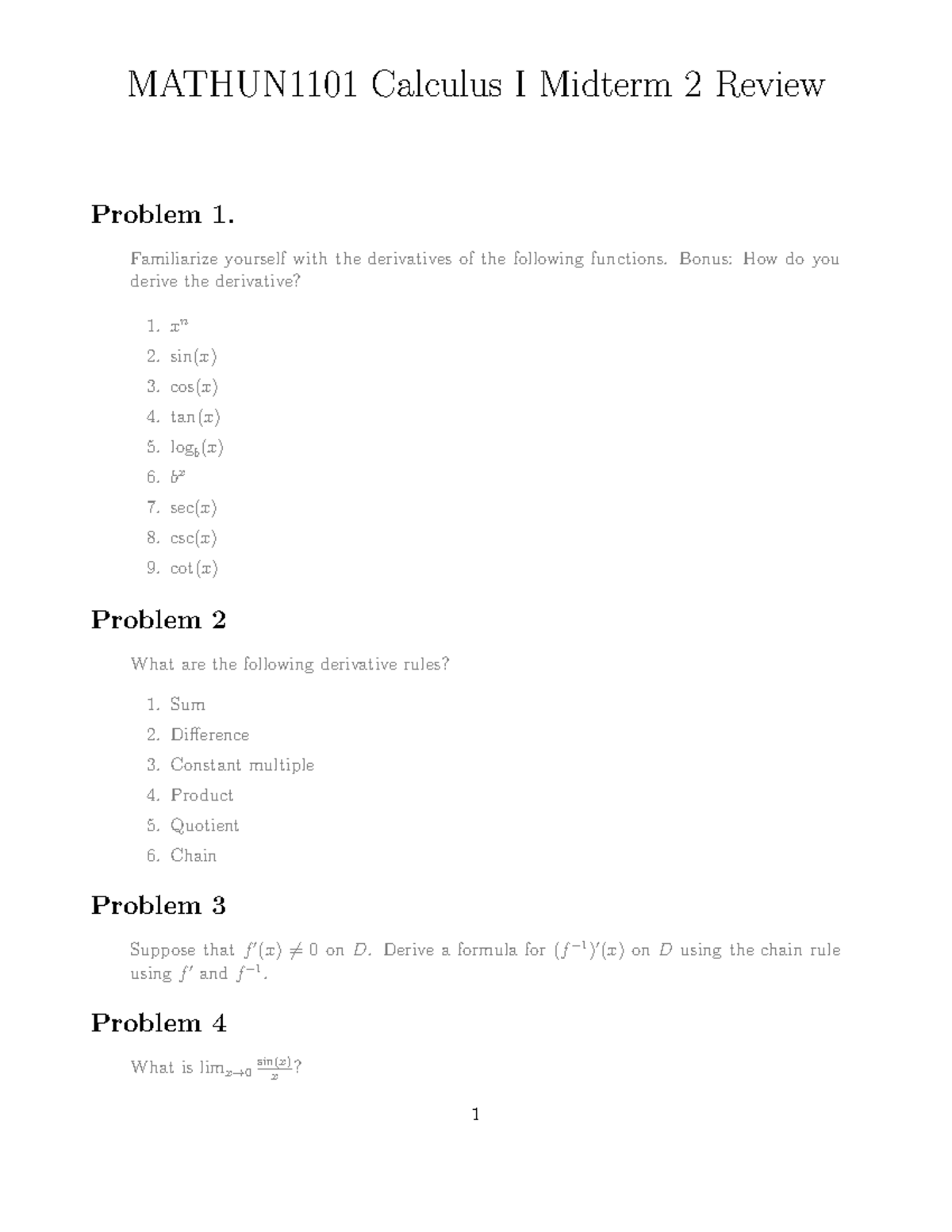 MATHUN1101 Calculus I Midterm 2 Review: Derivatives & Rules - Studocu