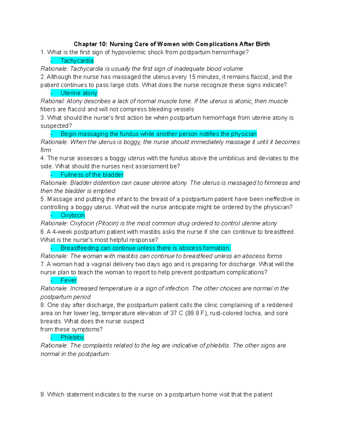 OB Quiz Ch 10 - Nursing Care Postpartum Complications - Studocu