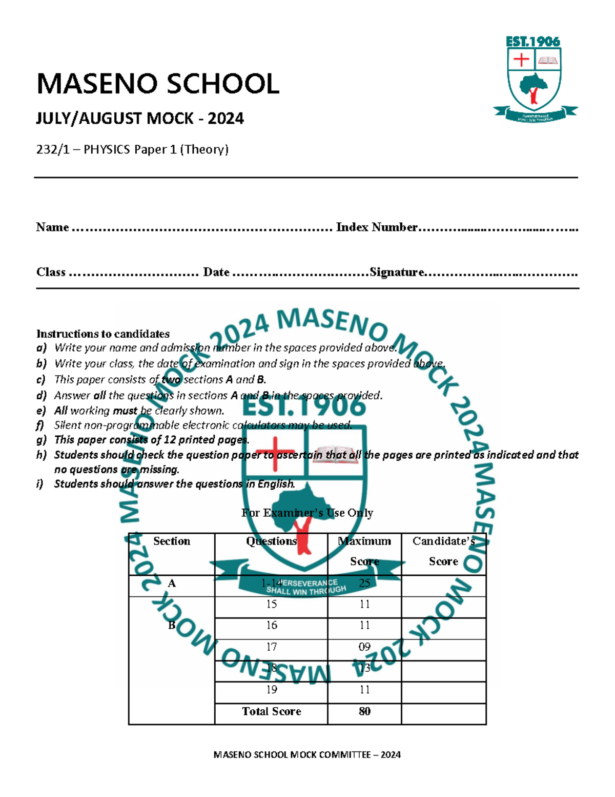 Physics Paper 1 MOCK 2024 - MASENO SCHOOL JULY/AUGUST MOCK - 2024 232/1 ...