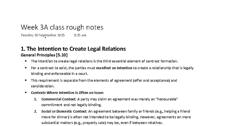 Week 3A Lecture Notes: Intention to Create Legal Relations - Studocu