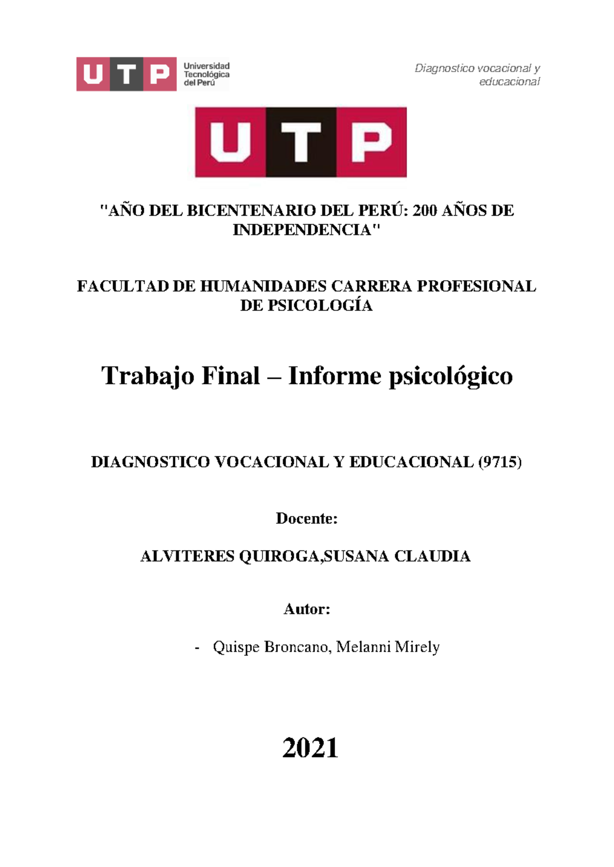 Trabajo Final: Diagnóstico Vocacional y Educacional (9715) - Document Preview