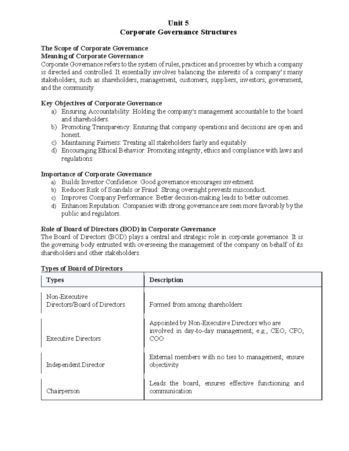 Unit 5 Corporate Governance Structures: Key Concepts and Roles - Studocu