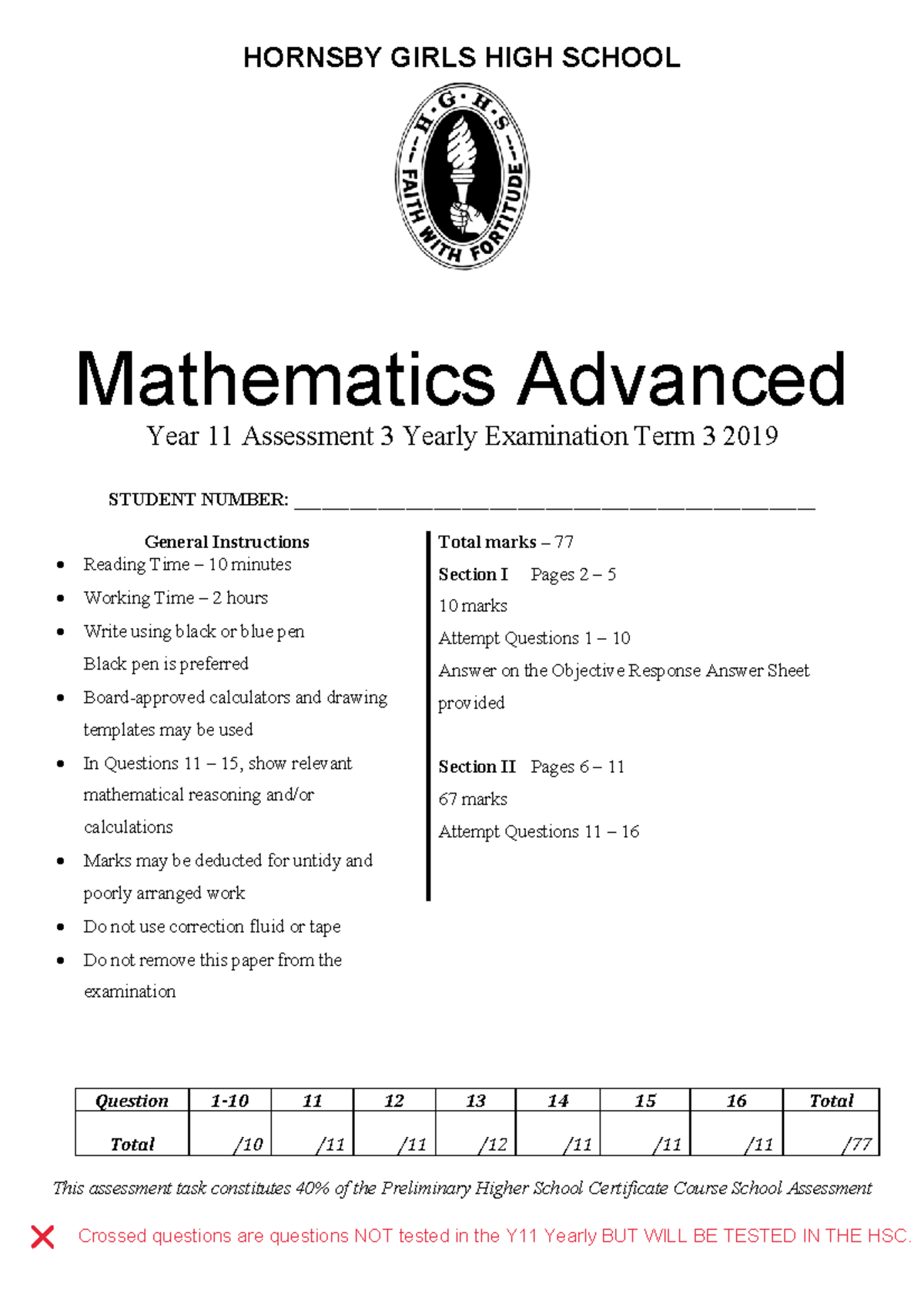 Hornsby Girls High School 2019 2U Prelim Year 11 Yearly Exam Solutions ...