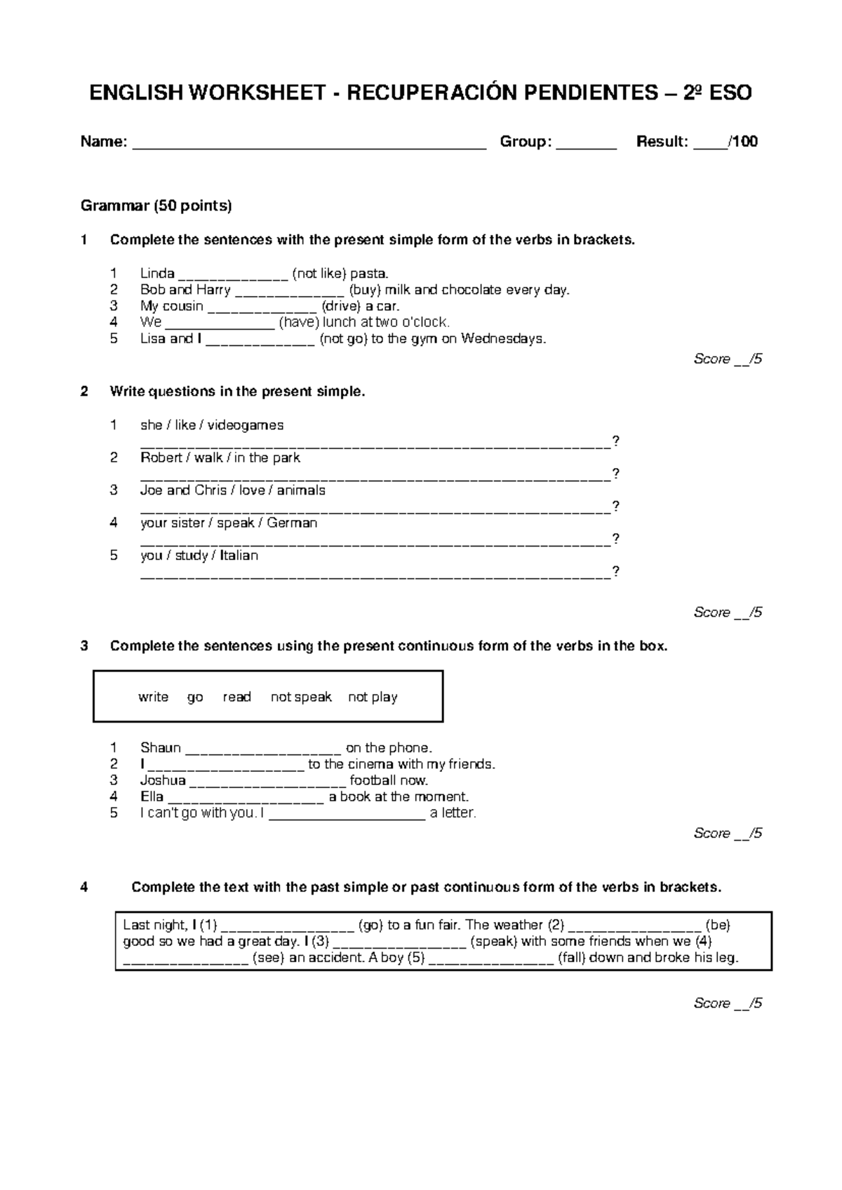 English- Worksheet-2ESO - ENGLISH WORKSHEET - RECUPERACIÓN PENDIENTES ...