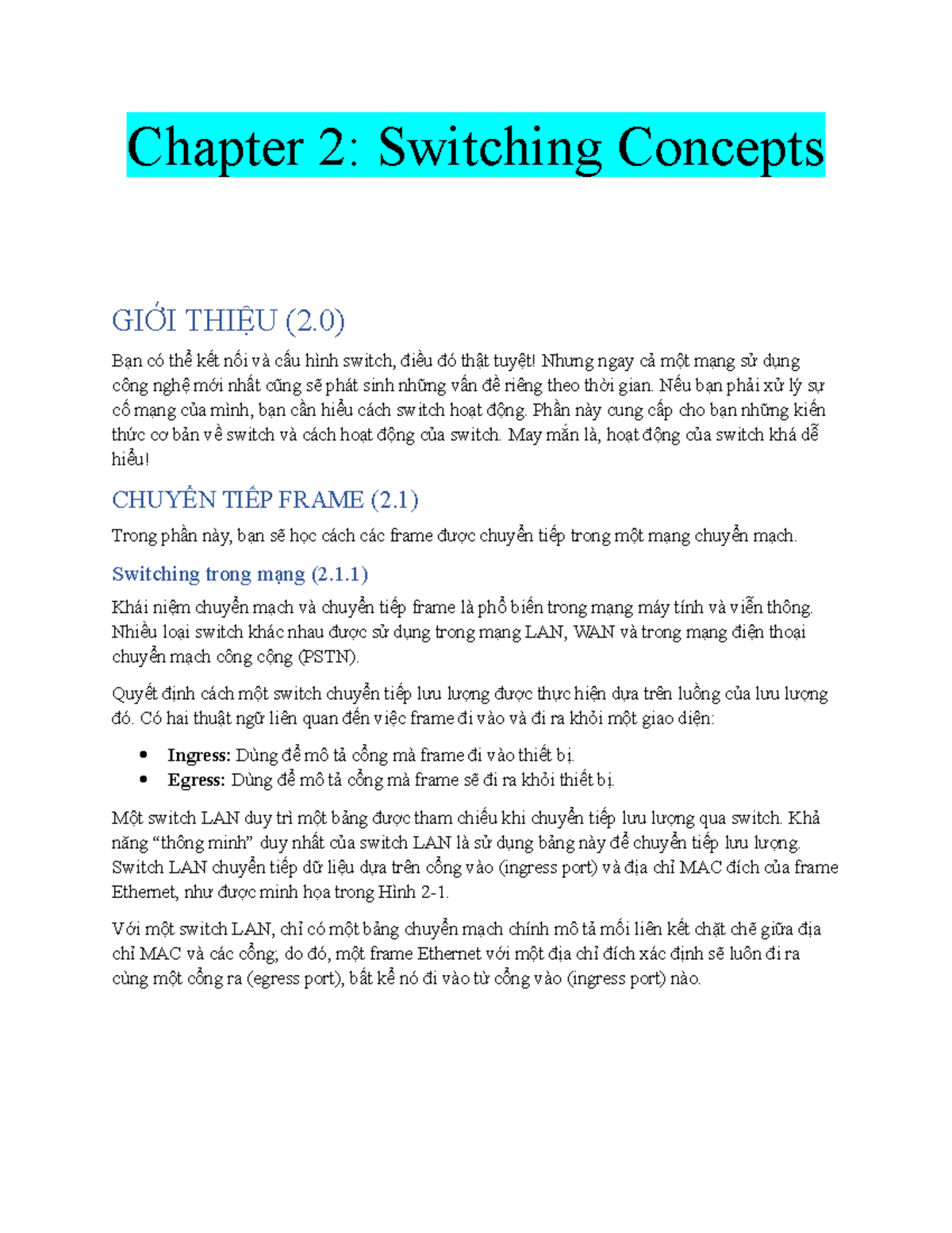 Chapter 2: Switching Concepts and Frame Forwarding (2.0) - Studocu