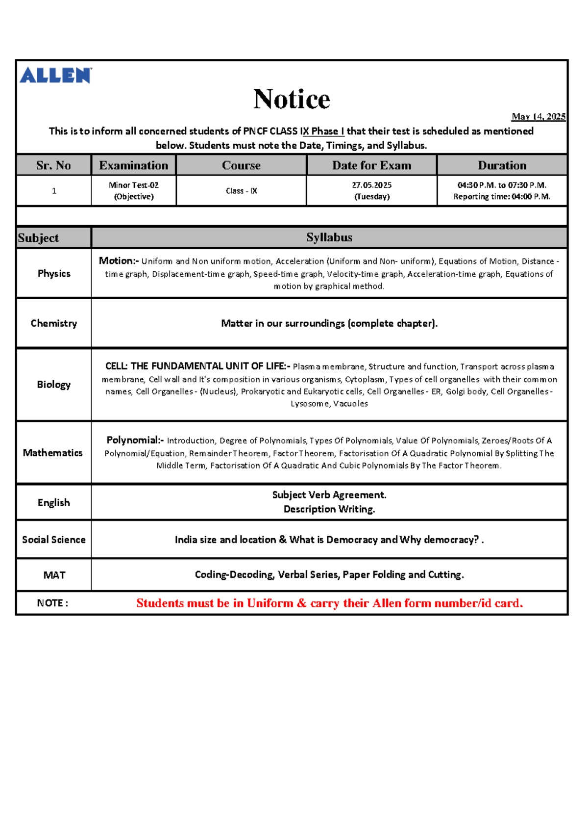 PNCF Class IX Minor Test-2 Notice & Syllabus for 27.05.2025 - Studocu