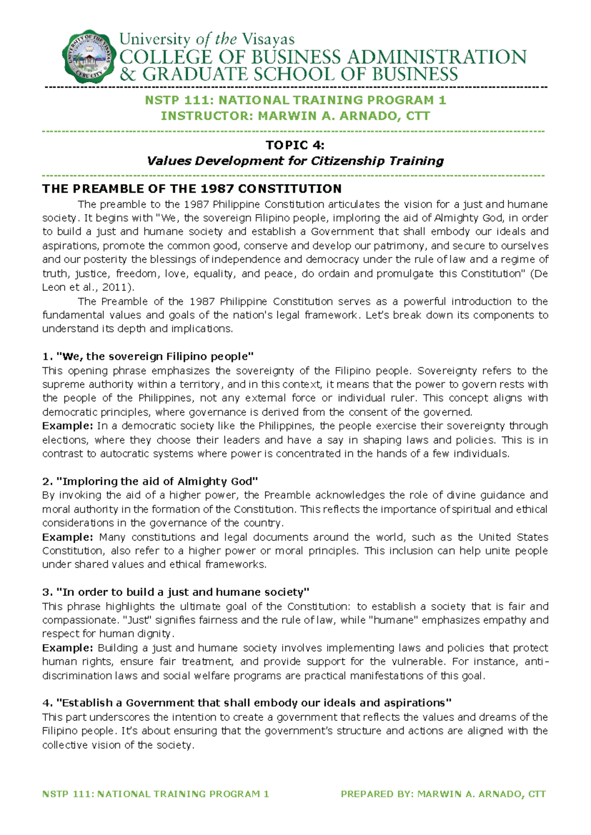 NSTP 1: Values Development for Citizenship Training Insights - Studocu