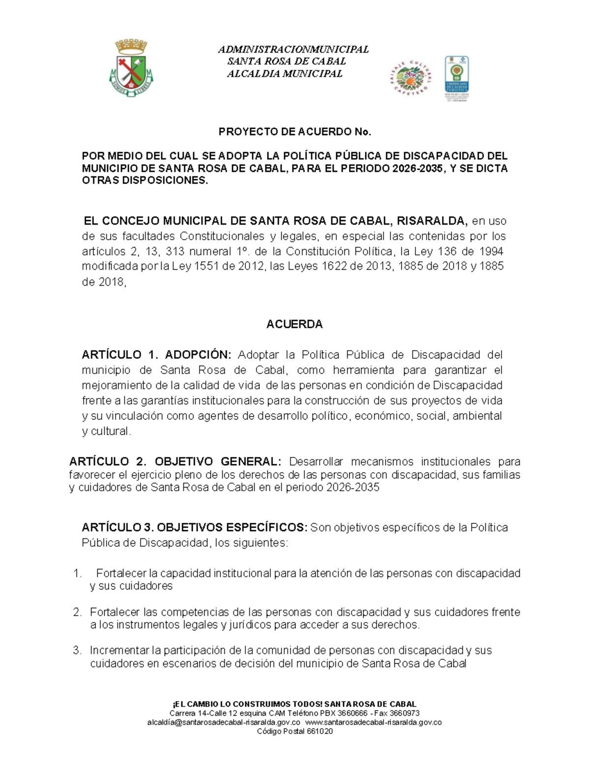 Proyecto de Acuerdo No. sobre Política Pública de Discapacidad en Santa Rosa de - Document Preview
