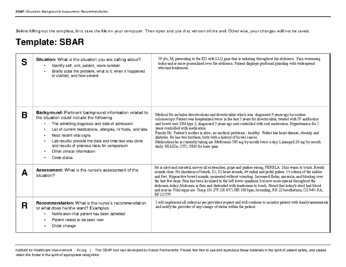 NUR445 Shock SBAR - SBAR: Situation-Background-Assessment ...