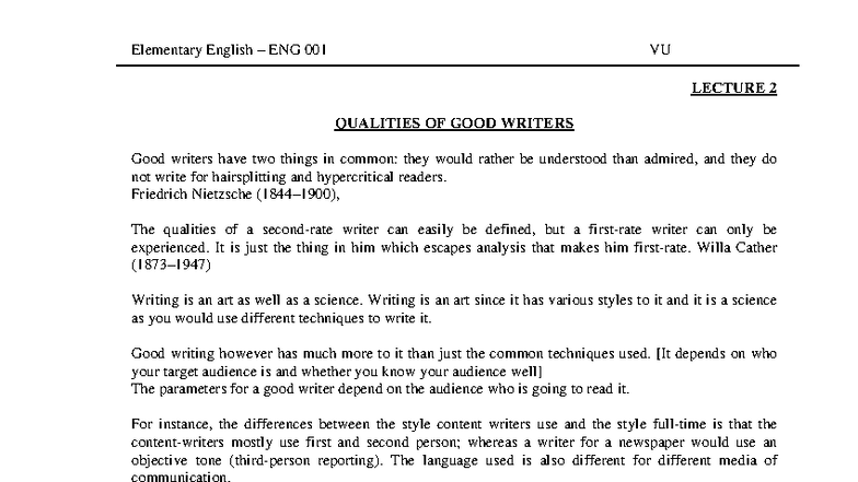 ENG 001 VU LECTURE 2: Qualities of Good Writers - Studocu