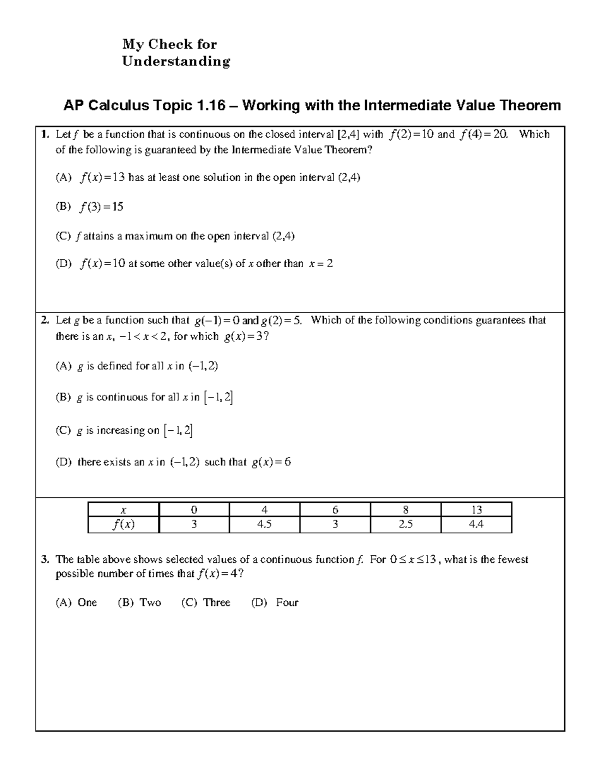 1.16 m CFU - Intermediate Value Theorem Practice Questions - Studocu