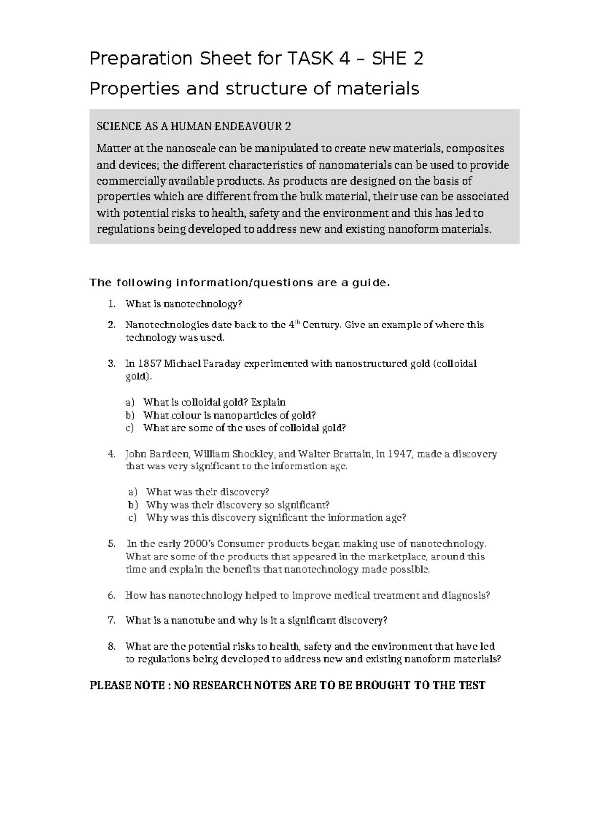 Preparation Sheet TASK 4 - SHE 2 - Preparation Sheet for TASK 4 – SHE 2 ...