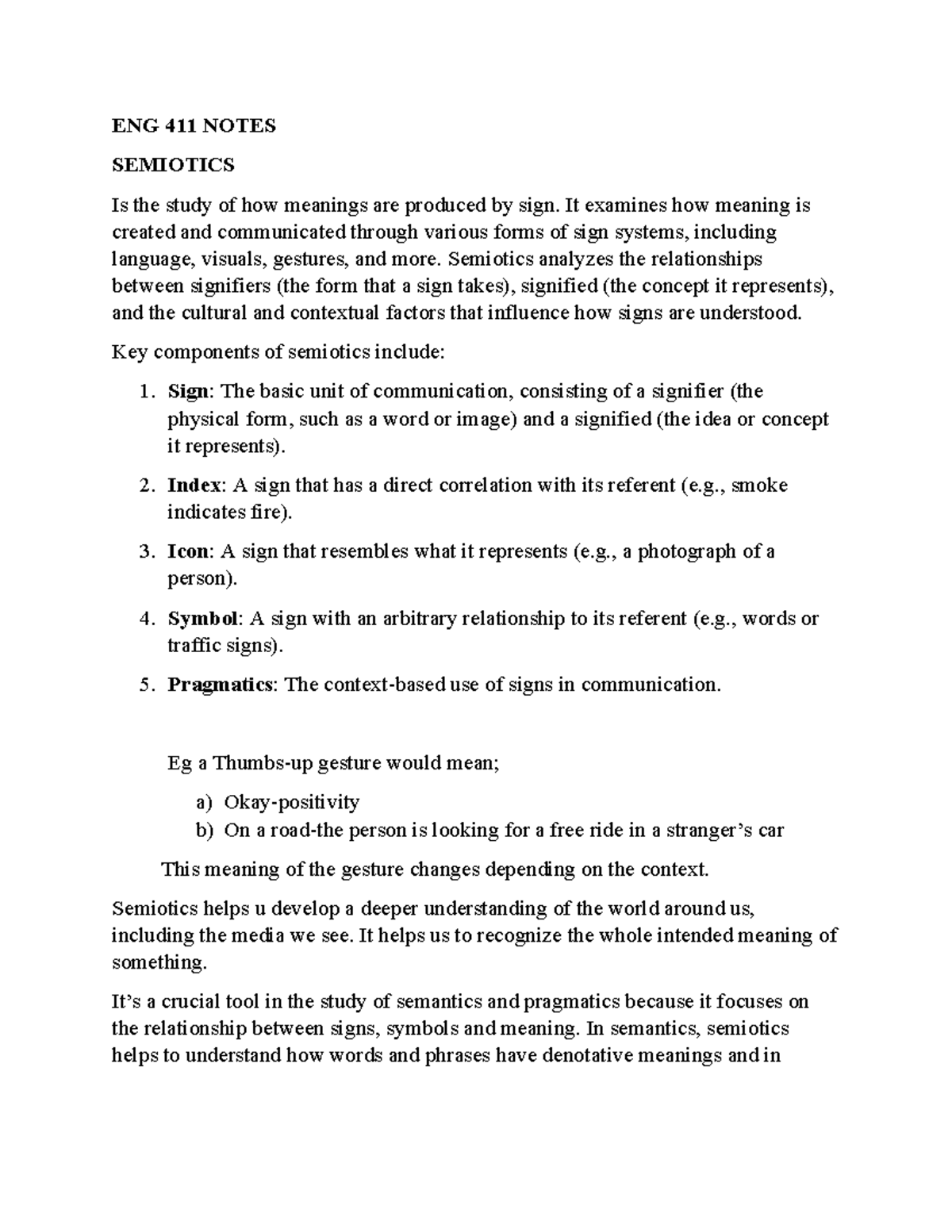 ENG 411 SEMIOTICS & COMPONENTIAL ANALYSIS NOTES - Studocu