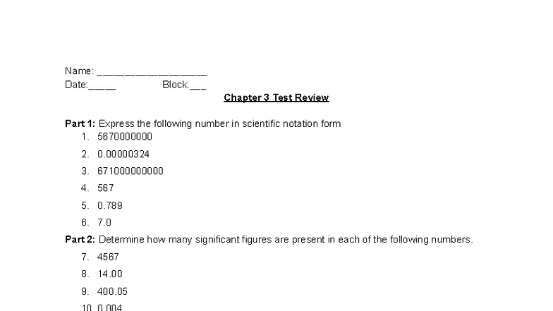Chapter 3 Test Review: Scientific Notation & Significant Figures - Studocu