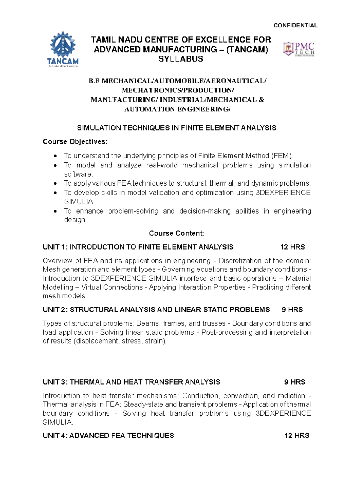 TANCAM B.E. Syllabus: Simulation Techniques in Finite Element Analysis ...
