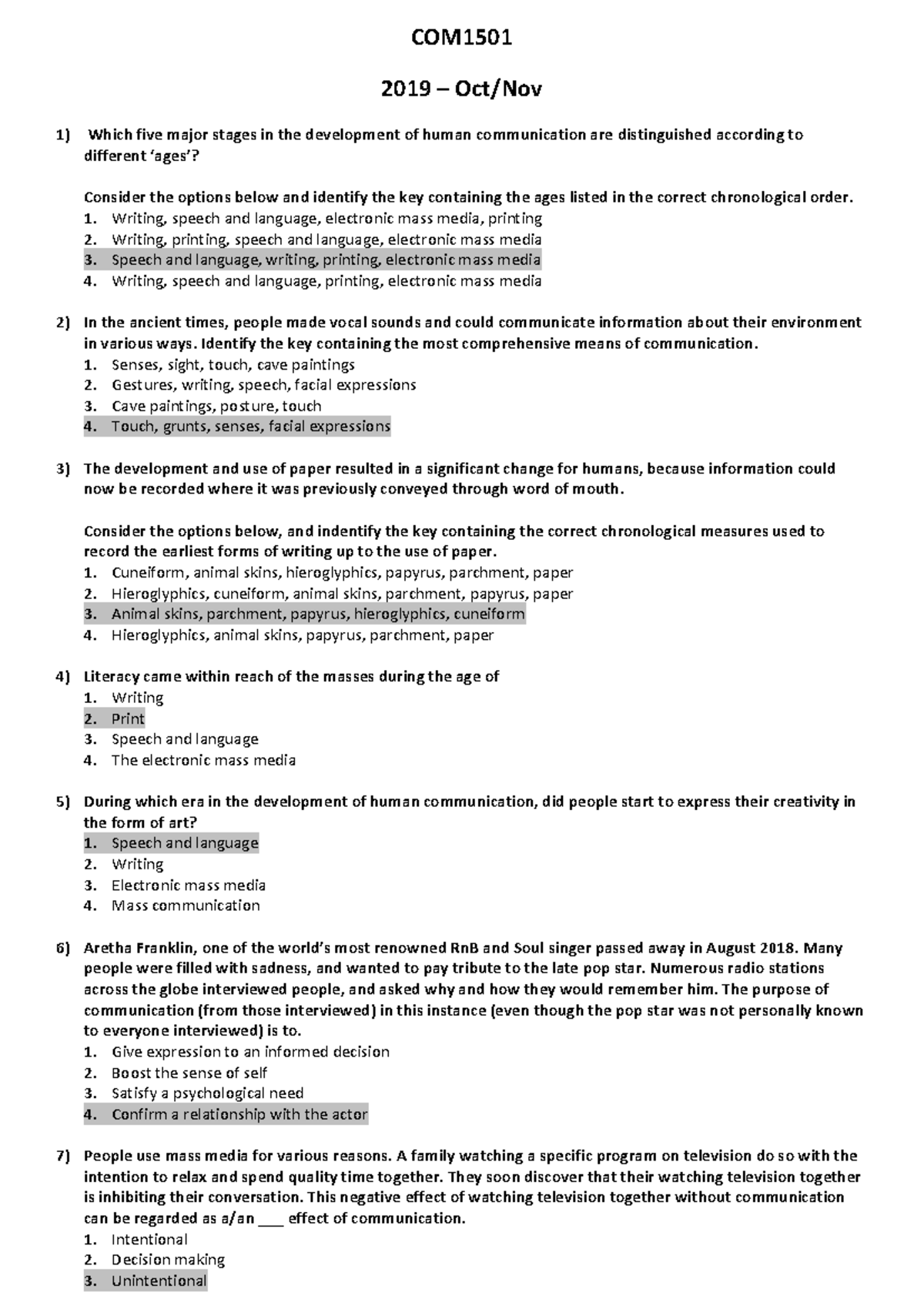 COM 2019 Final Exam: Sample Questions and Answers for Communication ...