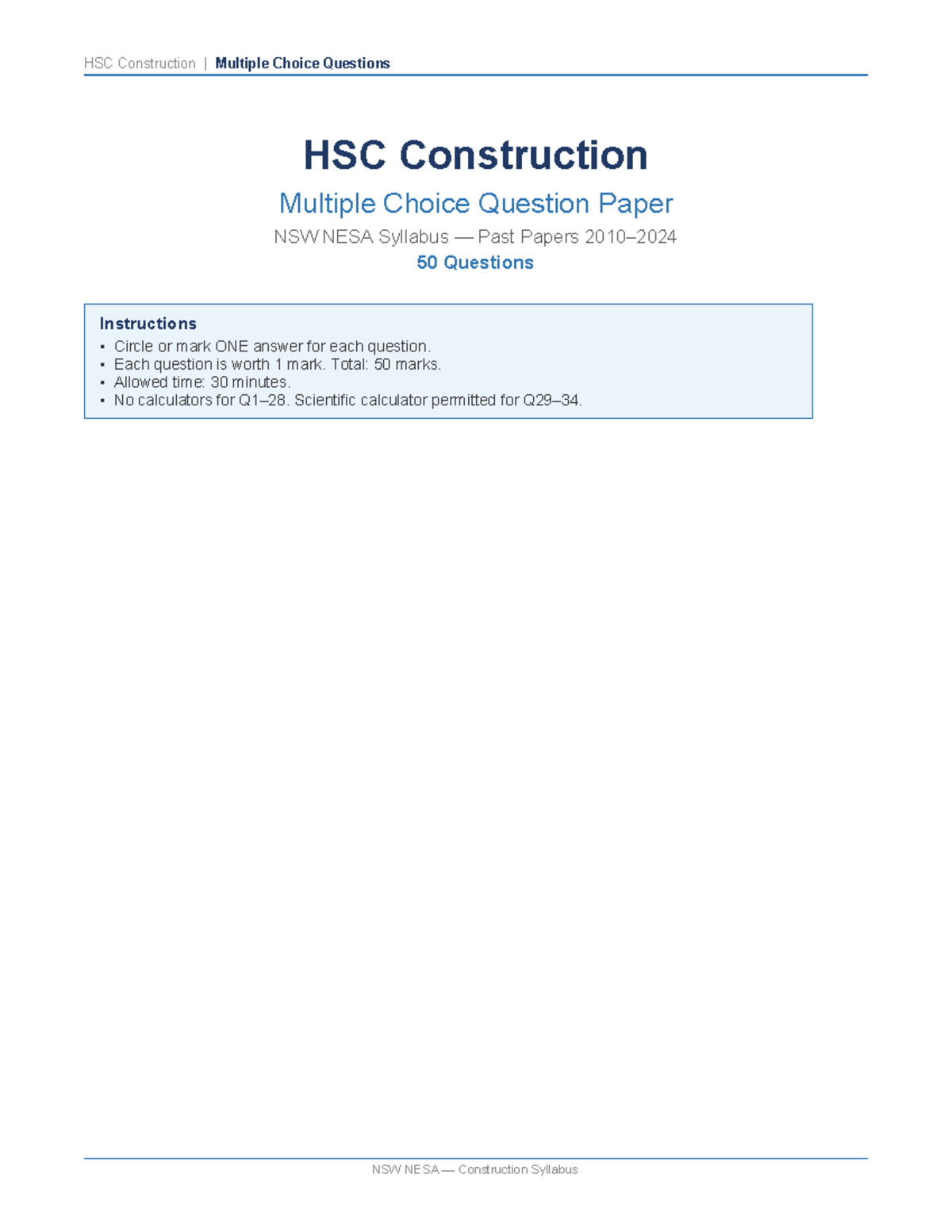 HSC Construction MCQ Practice Questions - NSW NESA Syllabus - Studocu