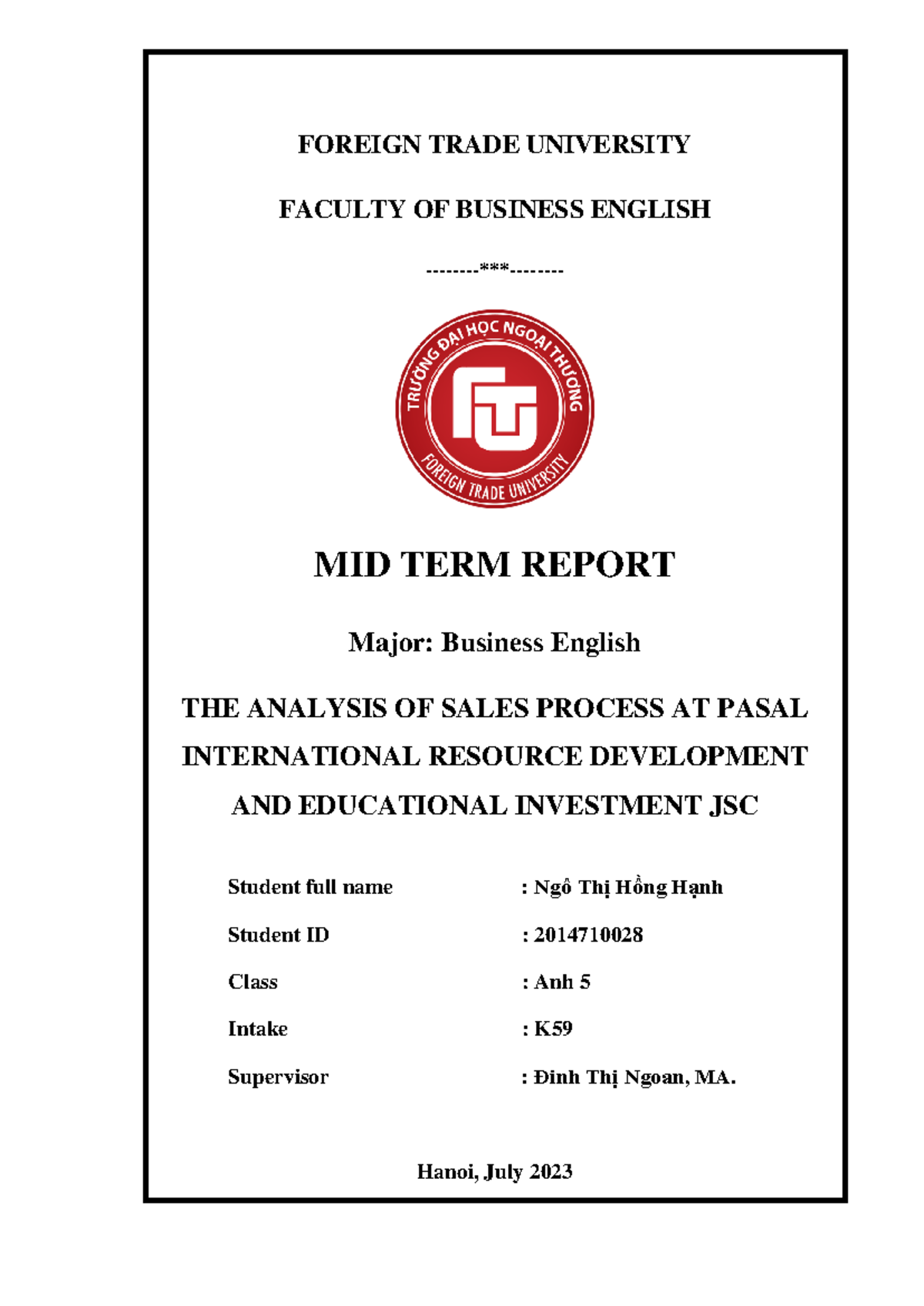 Midterm Report - FOREIGN TRADE UNIVERSITY FACULTY OF BUSINESS ENGLISH ...